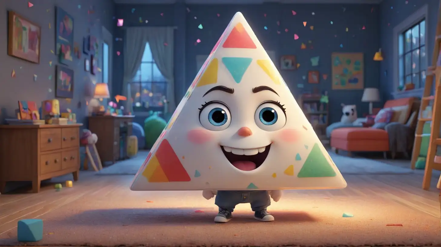 A little cute triangle sugar cube walks in a children's room like it's doing a fashion show, pixar movie style, at night