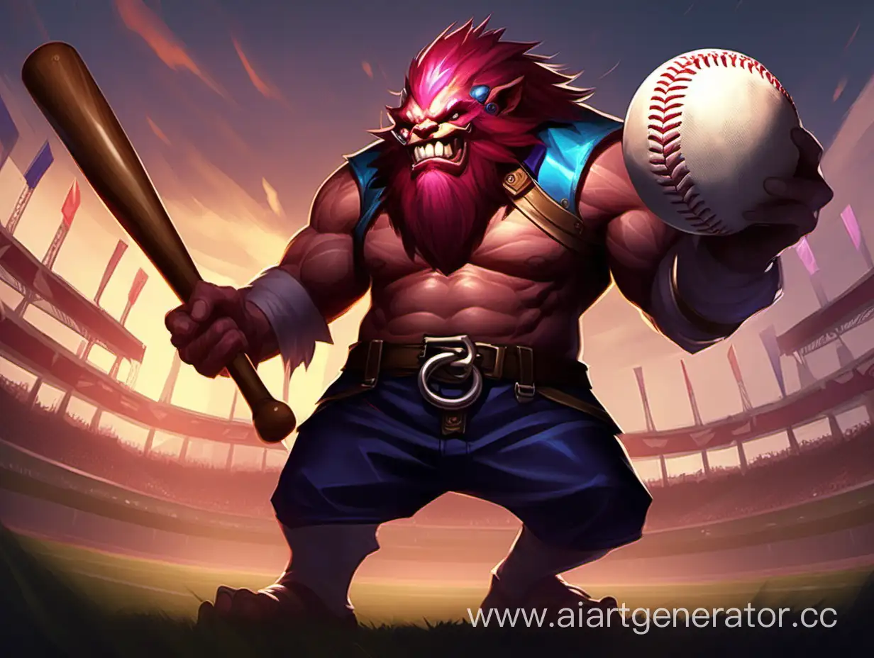 A character from the game League of Legends Trundle holds a baseball bat in his hands