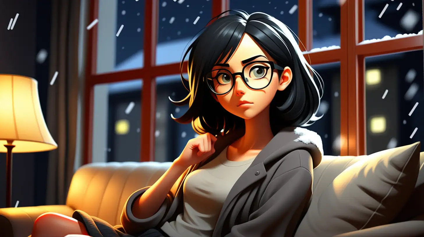 a beautiful anime girl was sitting relaxing on the sofa, black hair, modern clothes, wearing glasses, it is snowing outside the window, evening lighting from a lamp, deep focus: illustration for a story about a girl,