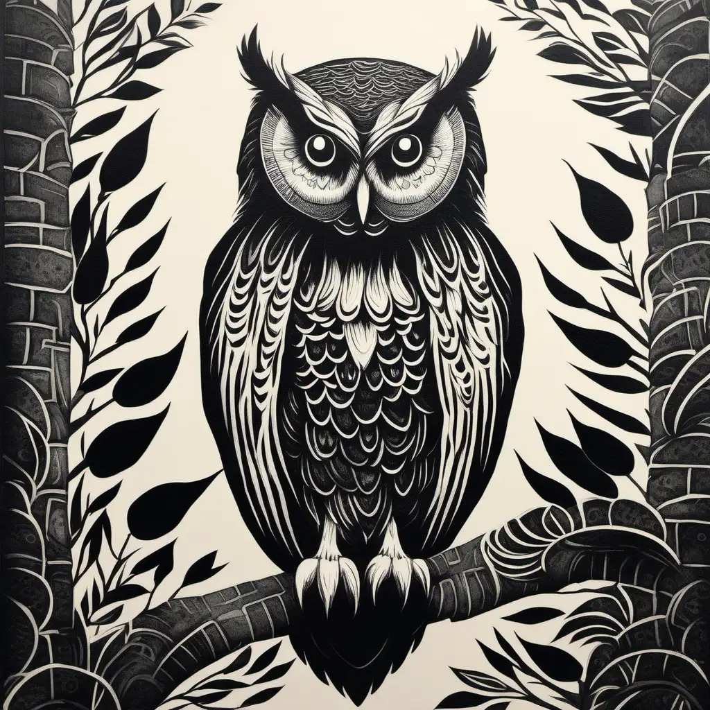 black and white owl painting like a block print