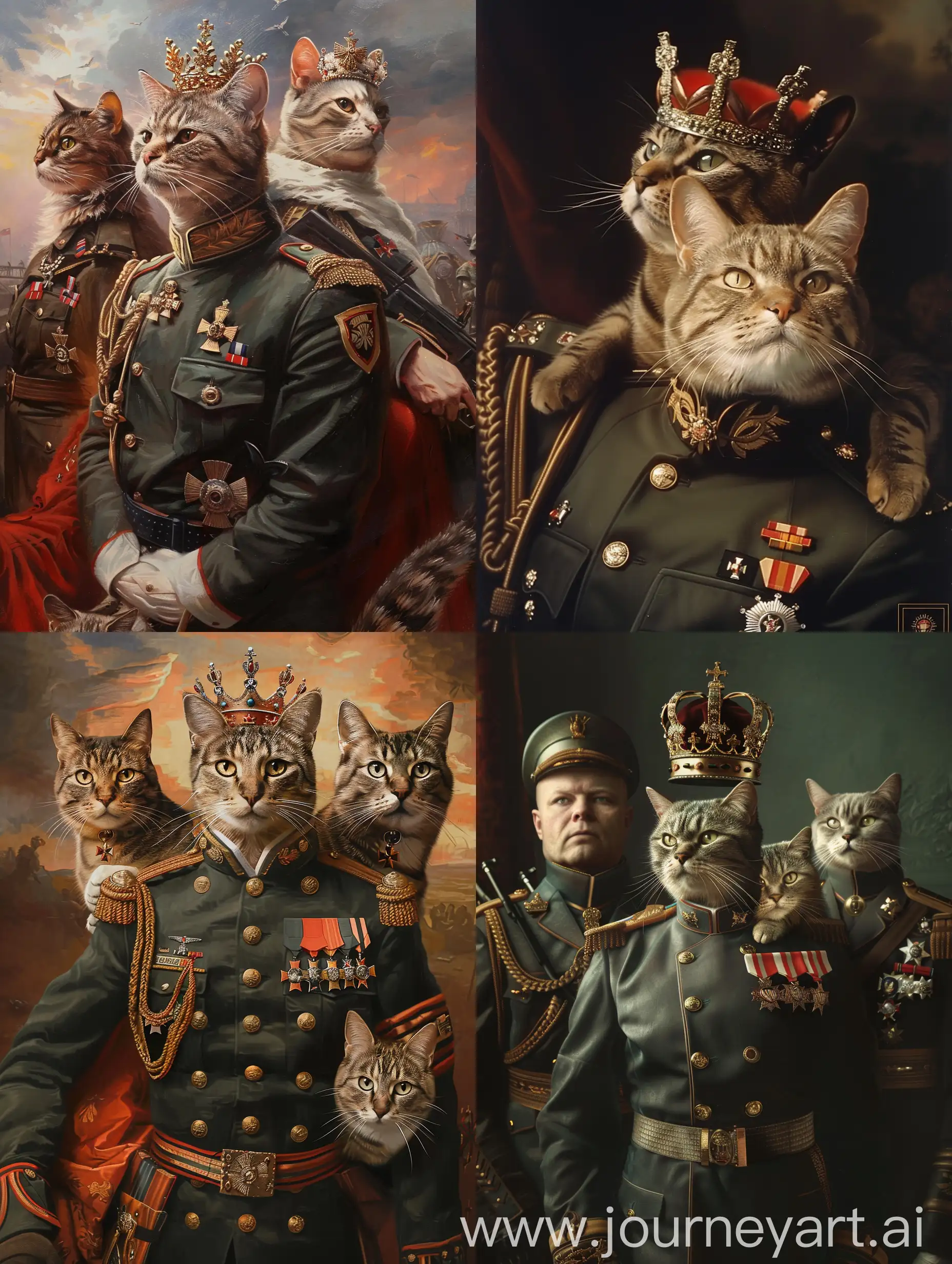 A picture of cat wearing a crown a military model on his shoulder  a military uniform  and a full military uniform