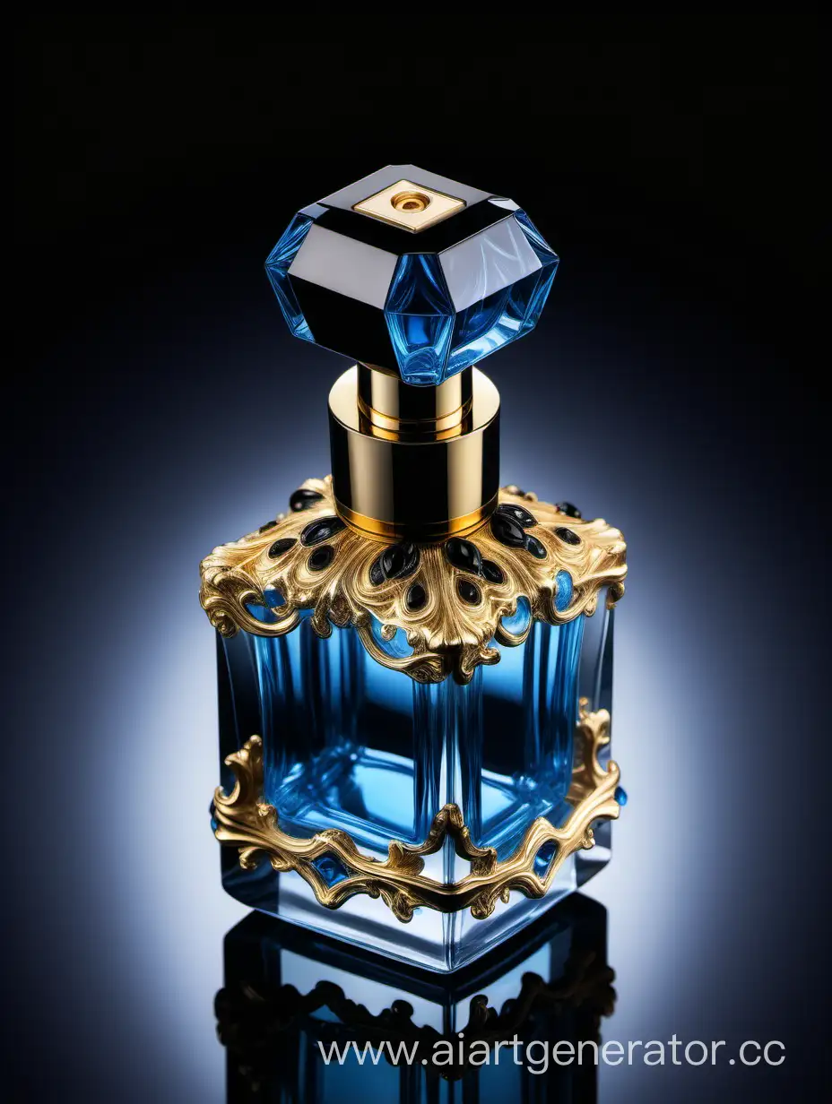 a crystal clear perfume bottle made of blue ,black and gold transparent