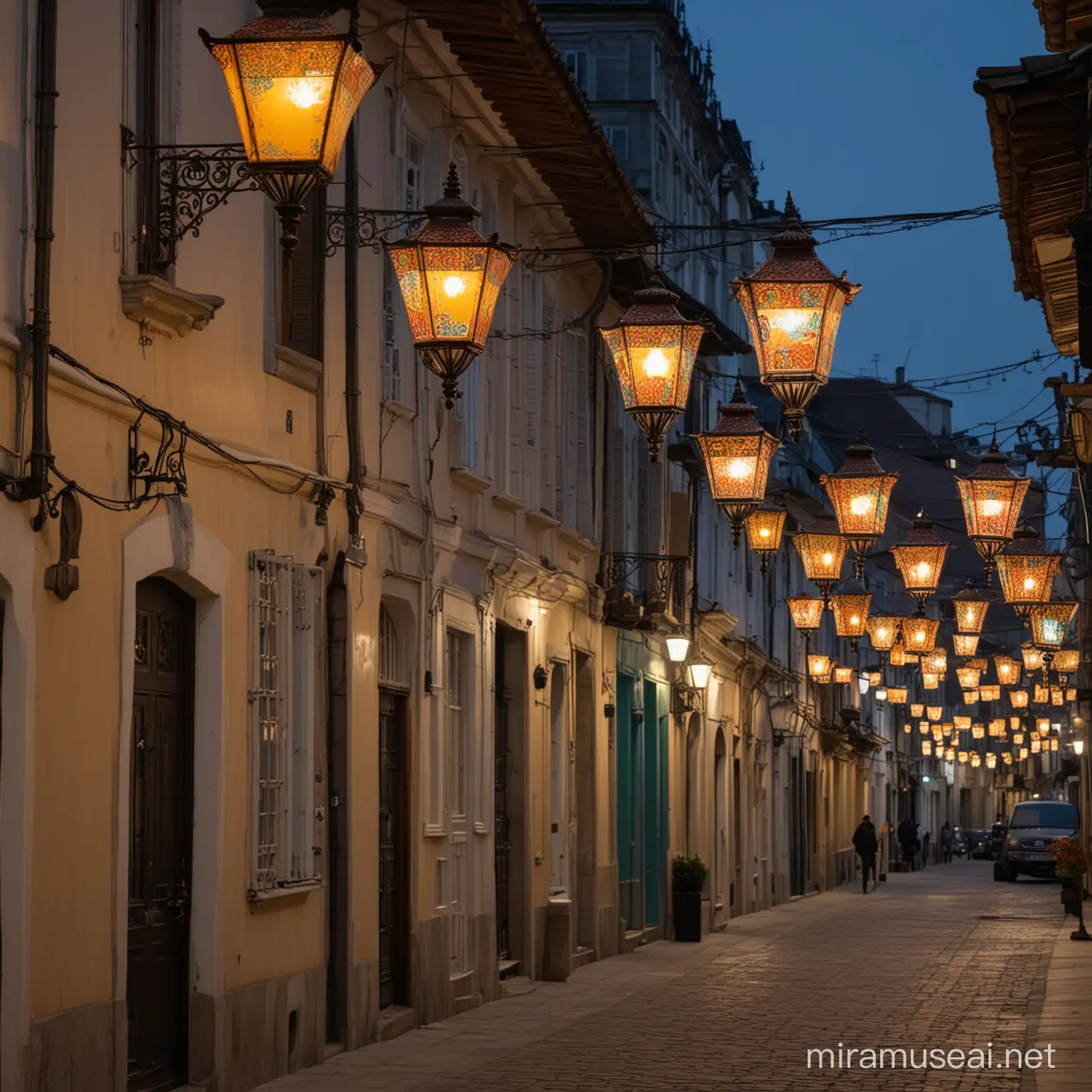 A street with many street lamps, with traditional patterned lampshades with trimmings