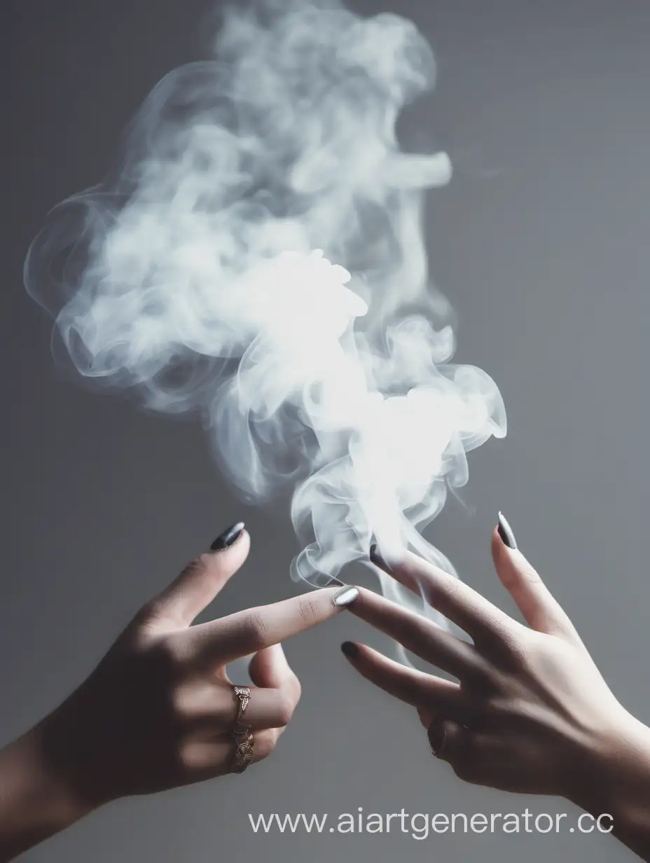 smoke in the open female hands, light gray background