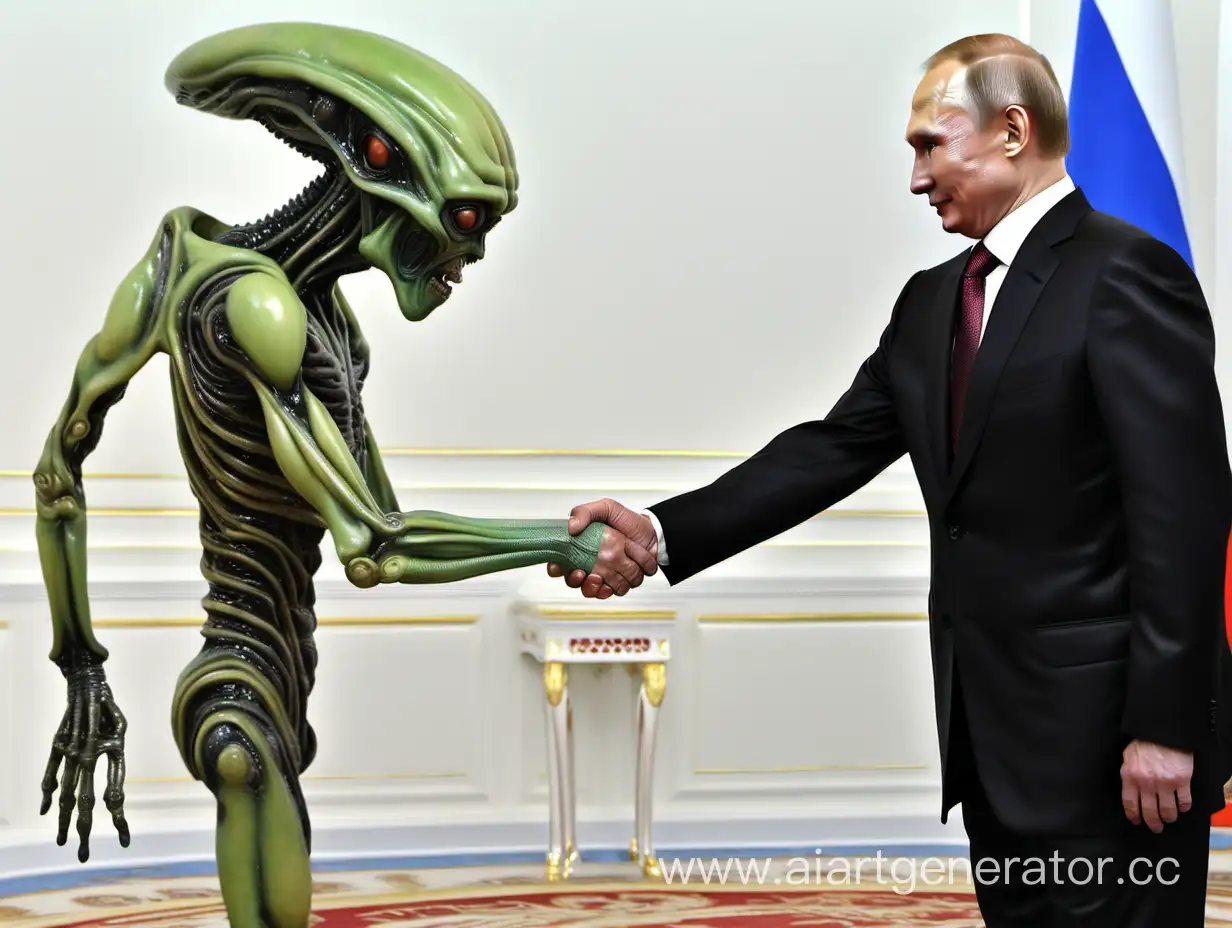 Путин жмет руку инопланетянину 