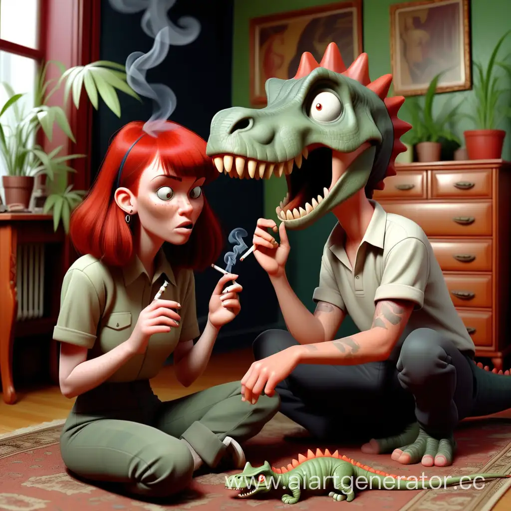 Vintage-RedHaired-Girl-and-Shaved-DarkHaired-Guy-Smoking-Bamboo-in-90s-Apartment-with-Dinosaur-Caps