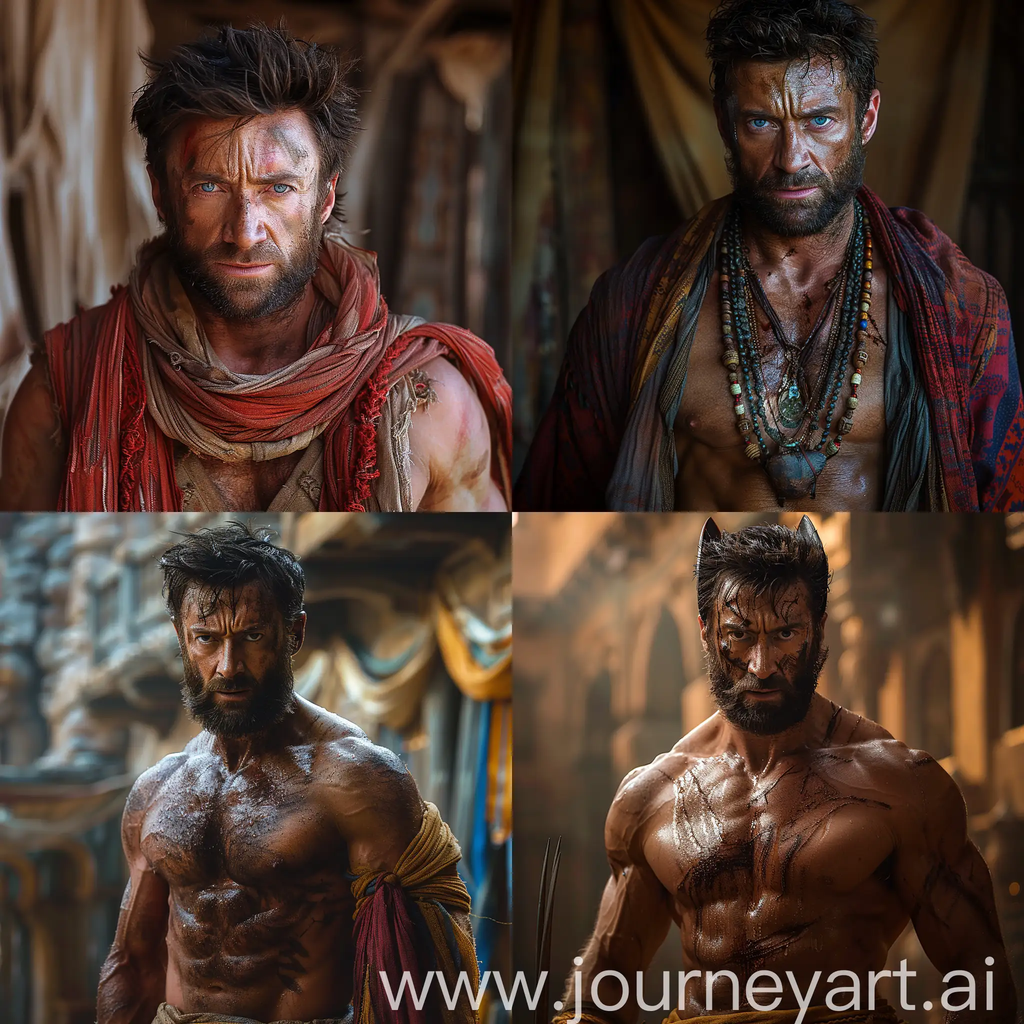 cinematic film wolverine hugh jackman as logan, wearing arabic clothes, shallow depth of field, vignette, highly detailed, high budget Hollywood film, cinemascope, moody, epic, gorgeous, --style raw --stylize 750
