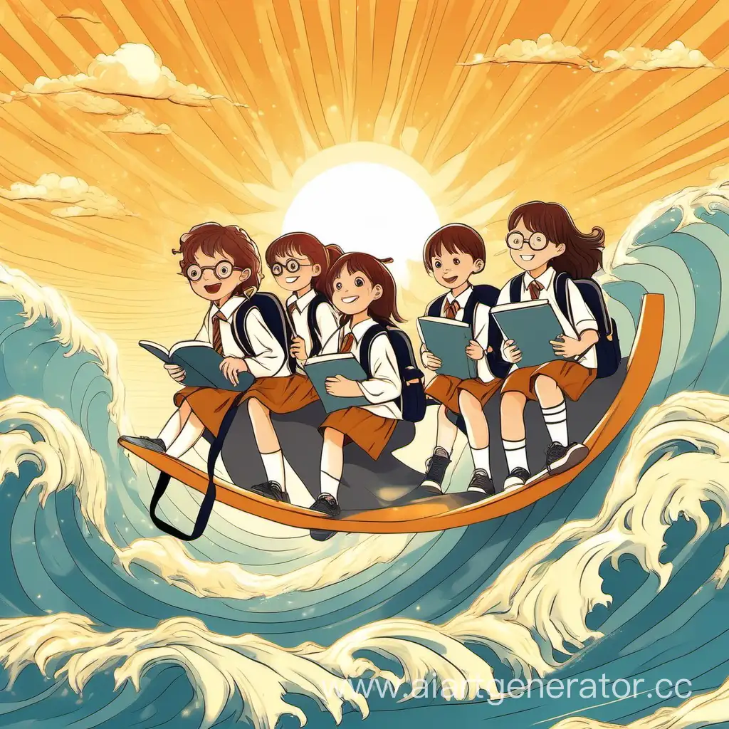 Schoolchildren-Riding-Waves-Against-Sunlit-Sky