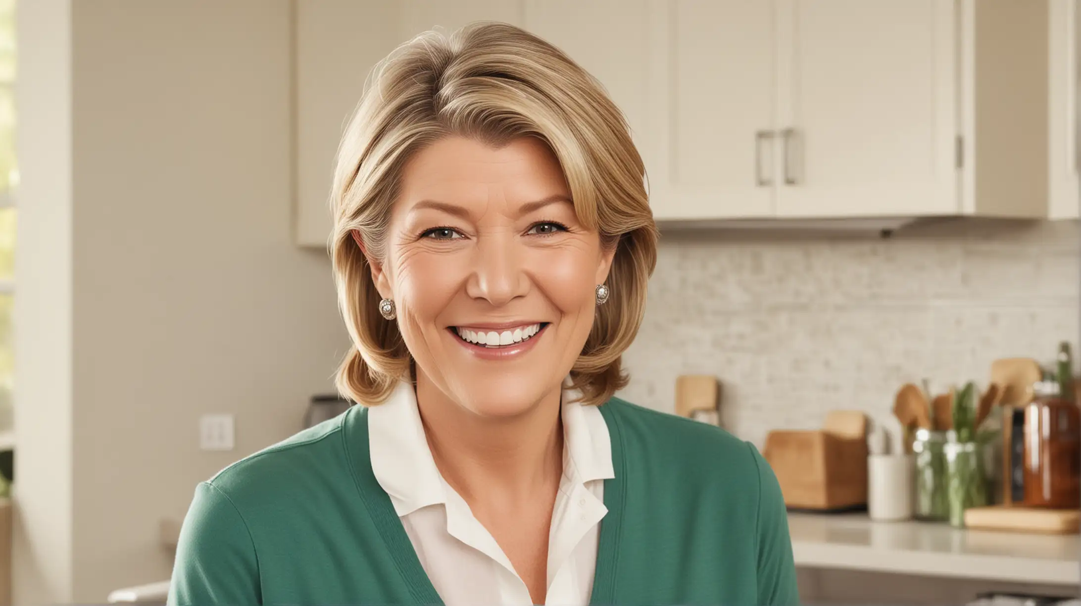 Martha Stewart look alike smiling in the kitchen 