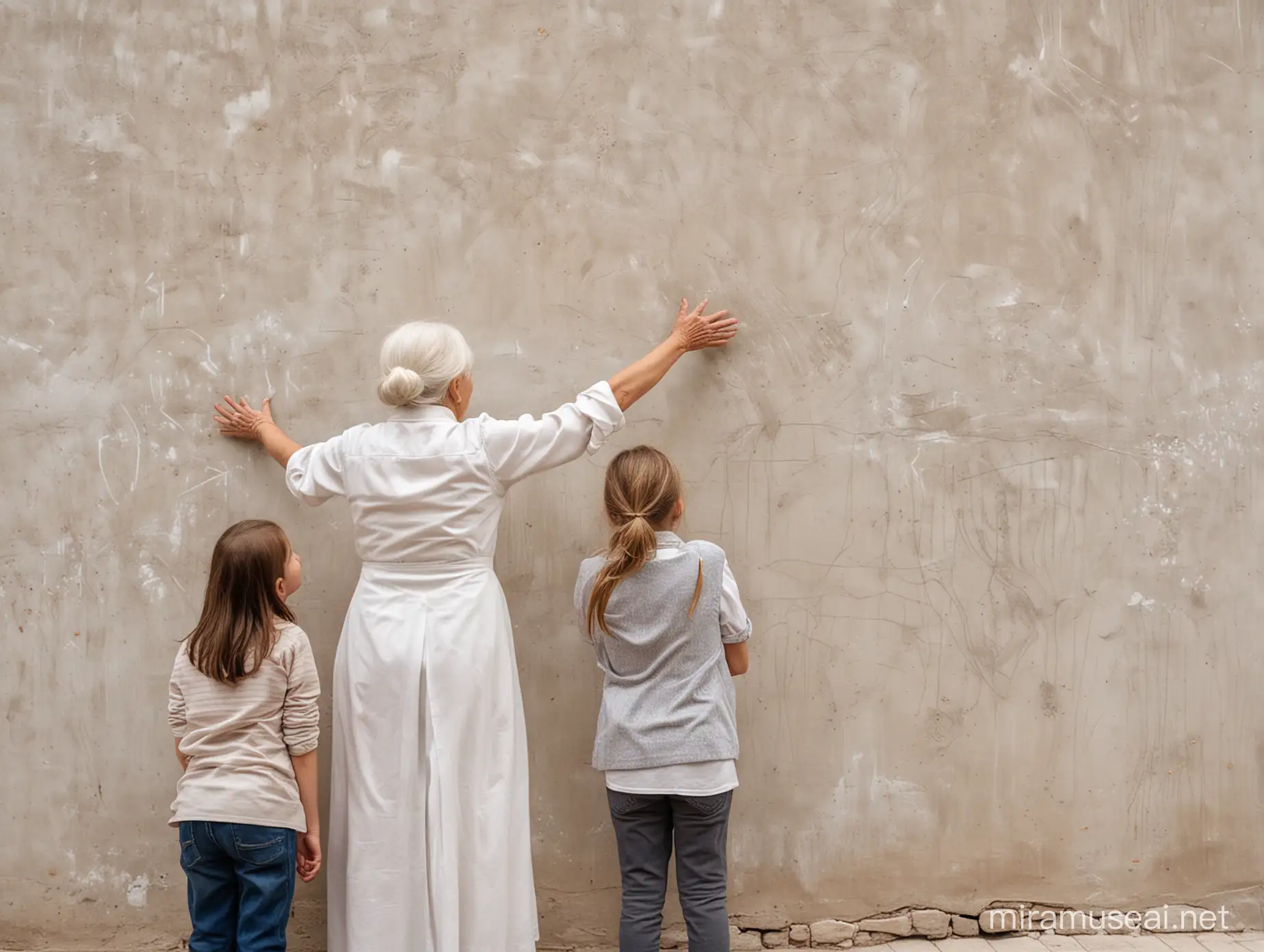 An old woman and a young girl stand with their backs and look at the wall. The young girl is startled and holds her hands in her hair. The entire wall is completely white.