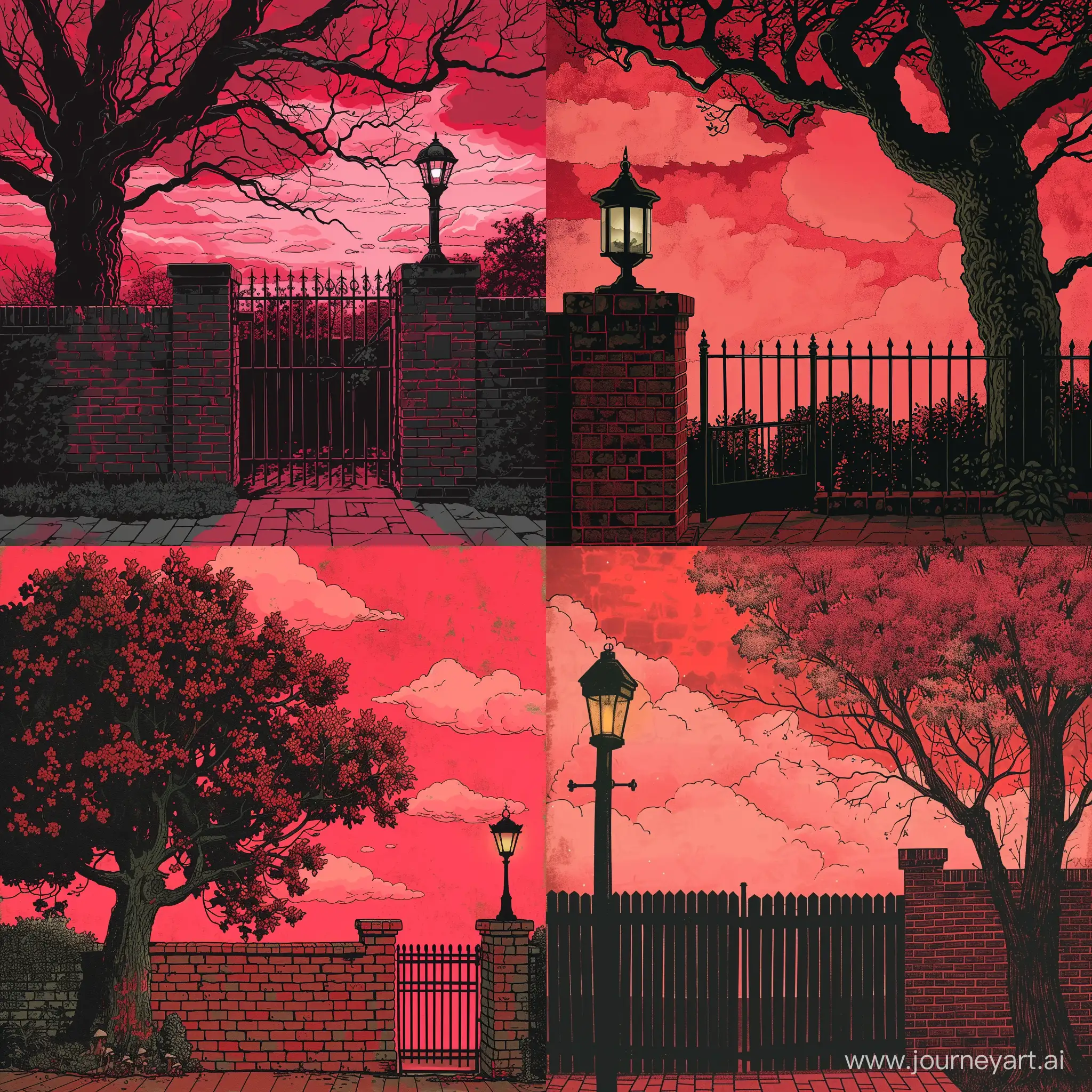 Brick fence, front view, there is a lantern lamp on the fence, red sky with pink clouds, next to the tree, the style of the old illustration, the tones are red, black and pink
