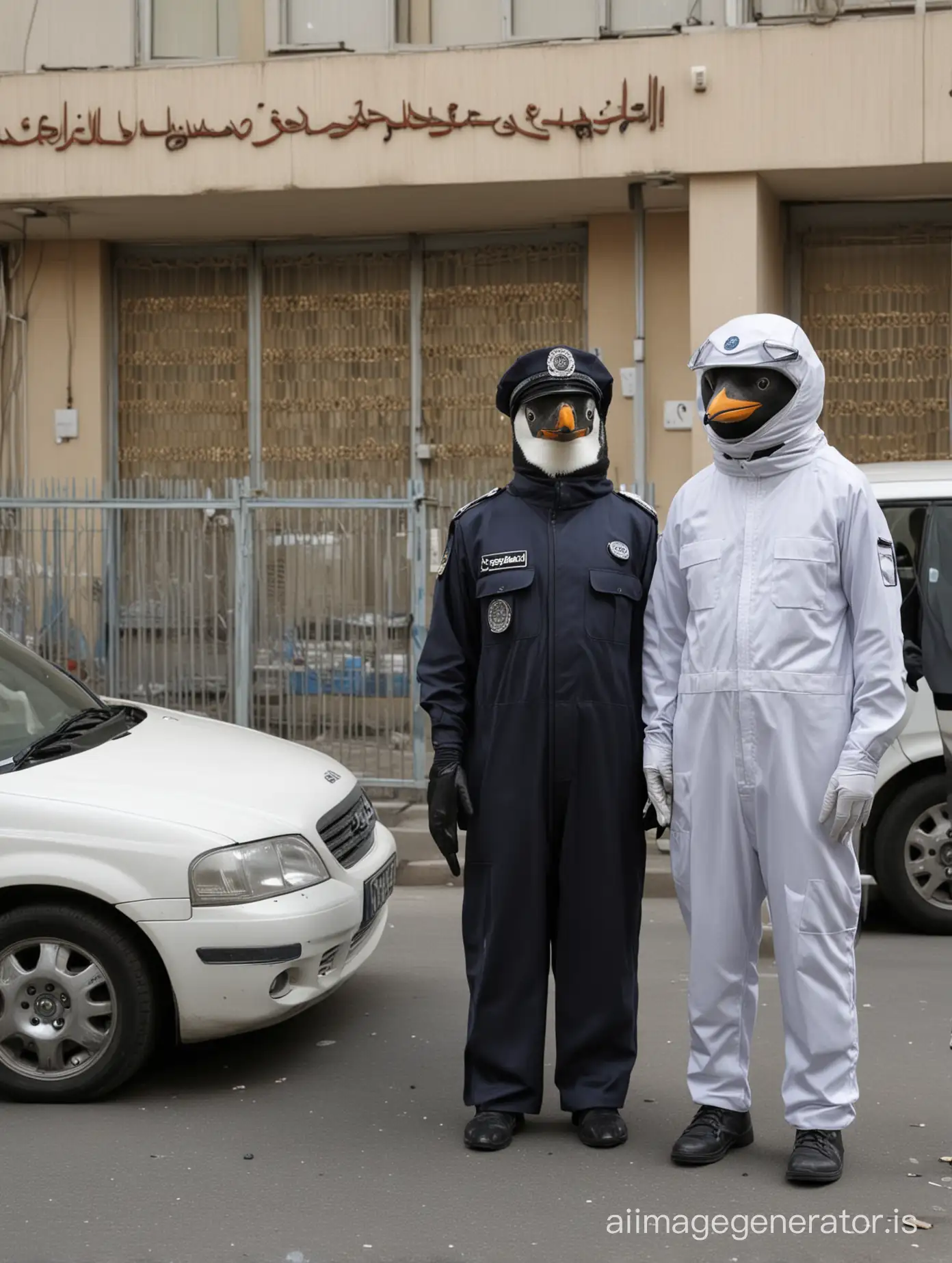A penguin wear police suits and cloths and stand near the cap car front of police station  in Tehran