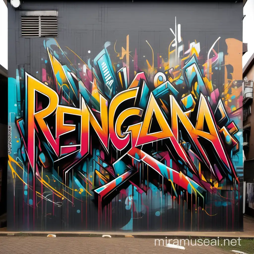 Mural perkotaan seni grafiti abstrak bertuliskan dengan benar tulisan "Renggana Creator" dengan Mural menawan, seni grafiti futuristik yang intelektual dan penuh gairah