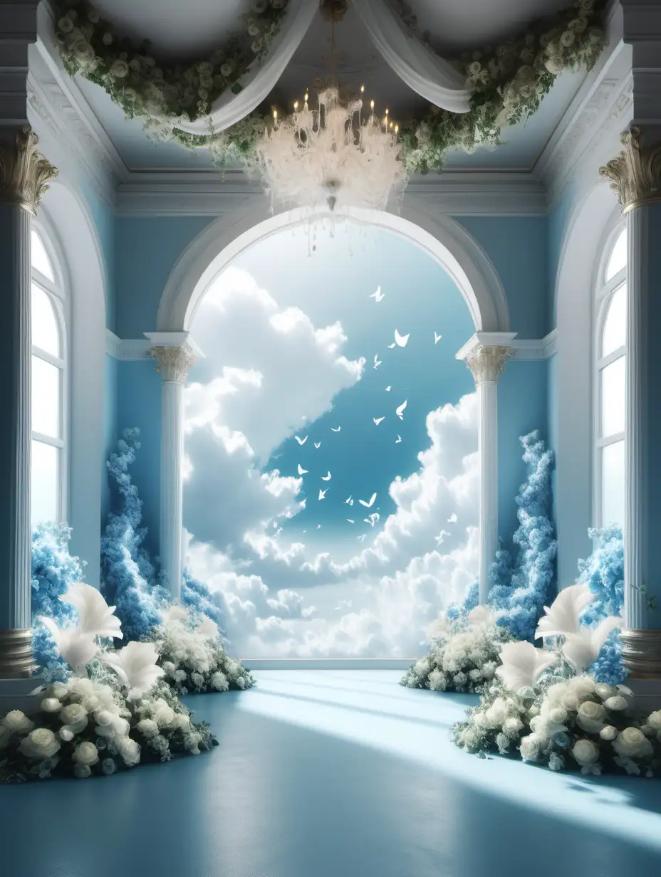 /imagine prompt: Digital dreamy heaven scene with low clouds and lush florals | FLOORING: stage platformI TAGS: opulent,dreamy | COLOR PALETTE: blue and white | LIGHTING: bright natural light | photorealistic