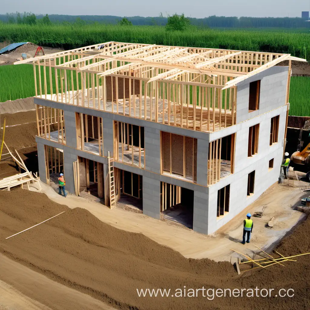 строители строят двухэтажный дом в поле