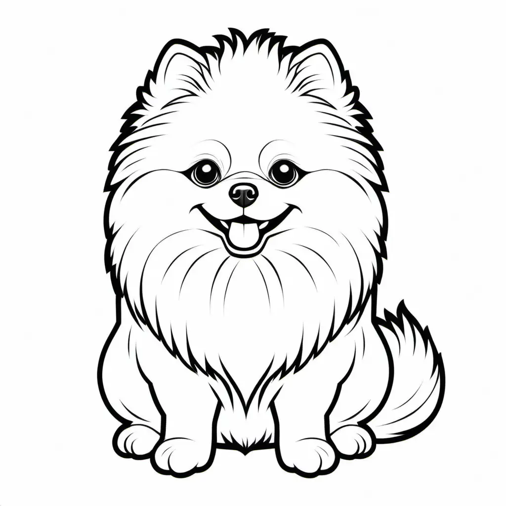 Coloring page for kids 4-7 years, dog image Pomeranian, white background, clean line art, fine line art, vector, HD