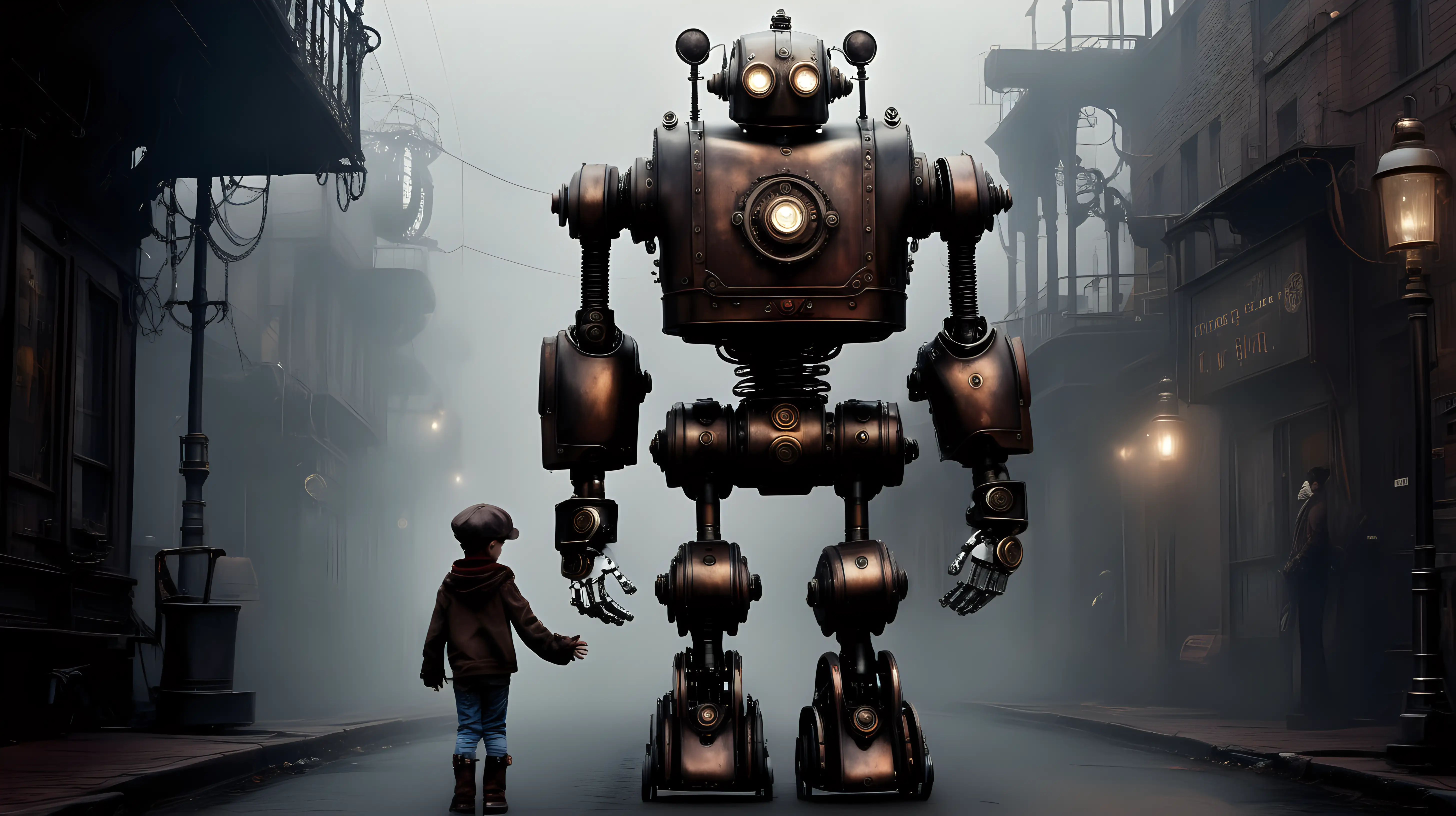 Steampunk Robot Escort Through Foggy Streets