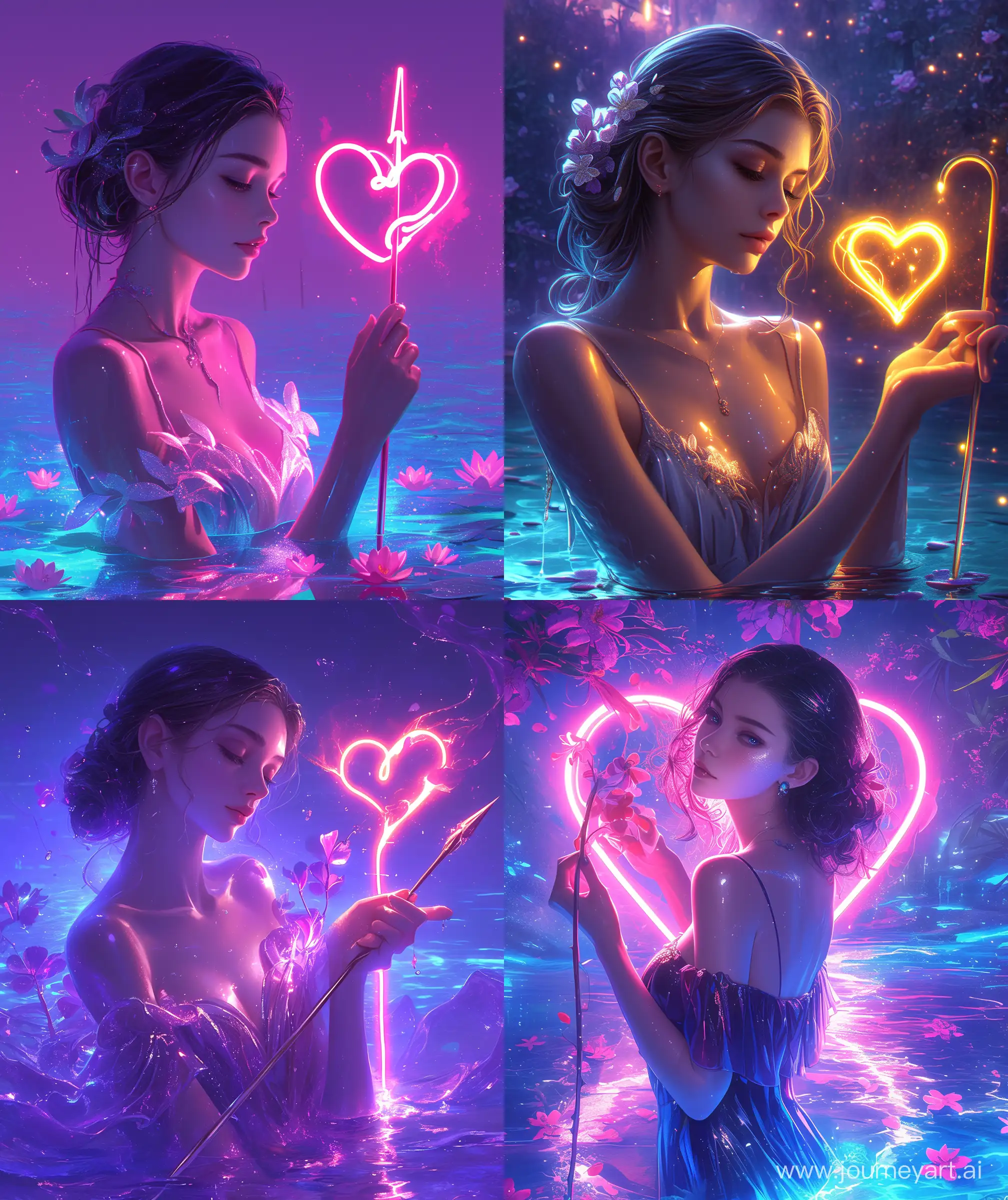 Beautiful woman, illustration of woman holding a glowing neon heart spears with her hand, glistening look, calm facial look, glossy upper body, neon flowers around her heart, beautiful magical view, glowing neon water, beautiful dress wearing, --ar 27:32 --niji 6
