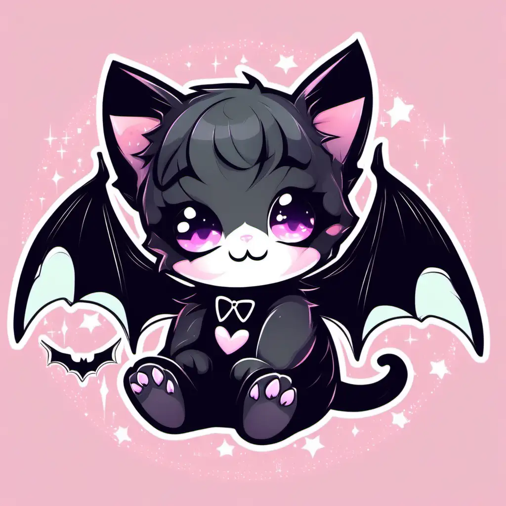 STYLE: flat vector illustration | SUBJECT: Celestial spirit cute black vampire kitten with bat wings and fangs | AESTHETIC: pastel goth | COLOR PALLETTE: pastels | IN THE STYLE OF: kawaii,  anime