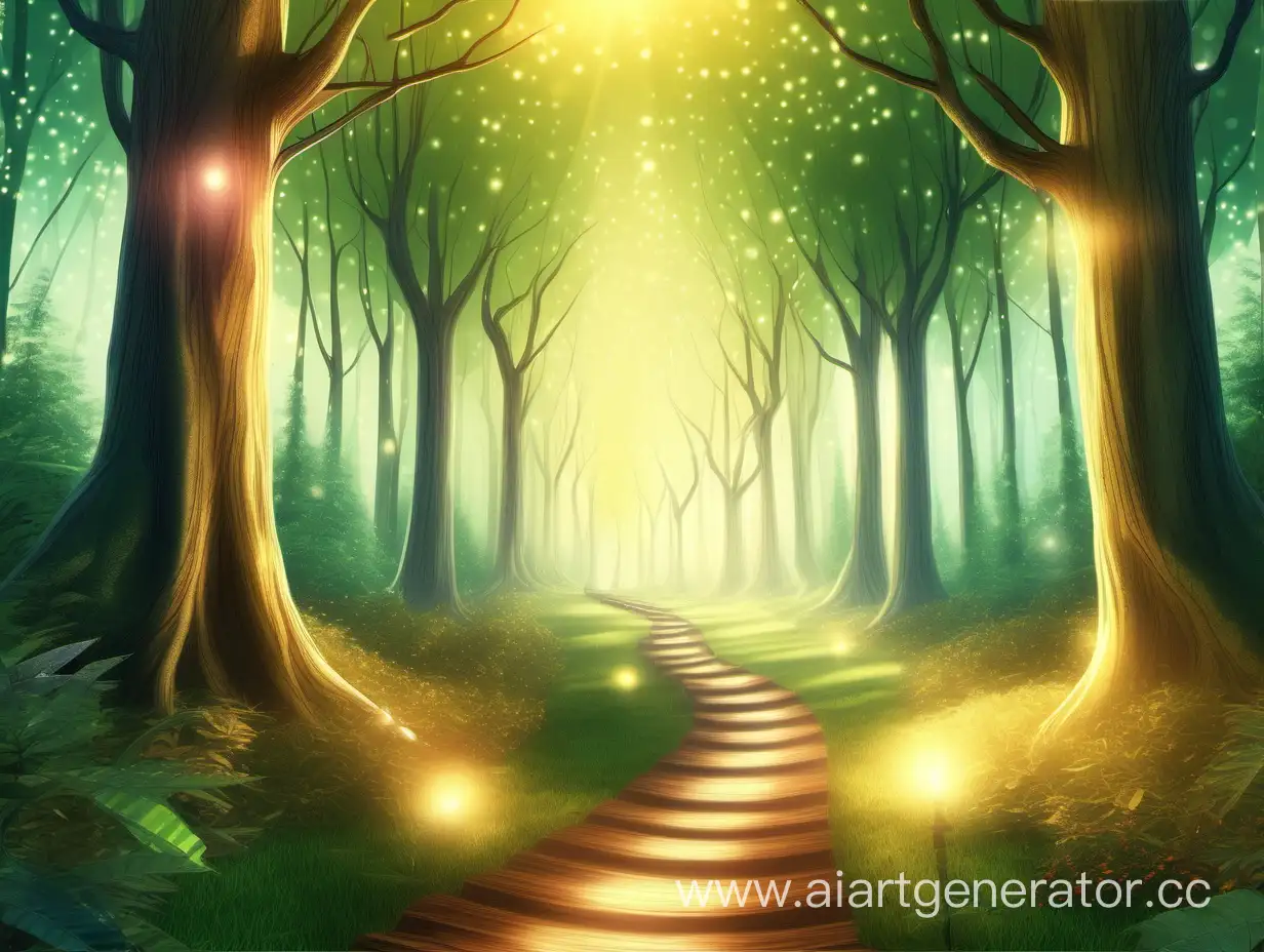 Fabulous, sunny, magical forest, trees with a path going into the distance, lights, light, high detail