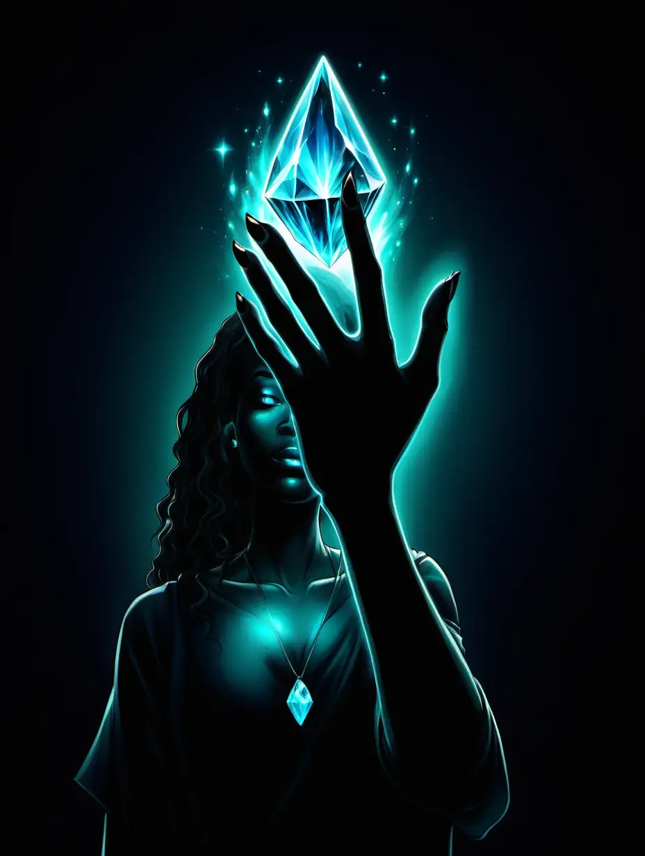 A dark woman hand about to catch a blue green glowing crystal. Everything in the background is black. Title "God's of Nothing"