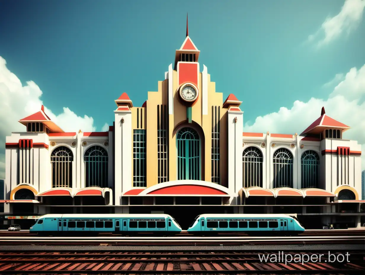 huge central train station in art deco style inspired by rumah gadang, outside view