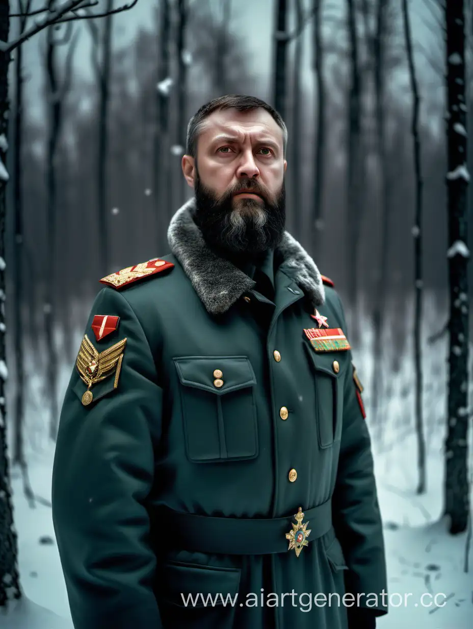 40-ка летний бородатый русский мужчина в военной форме образец конца 90-х, в полный рост смотрит прямо на меня серьёзным взглядом в лесу зимней снежной пасмурной ночью 