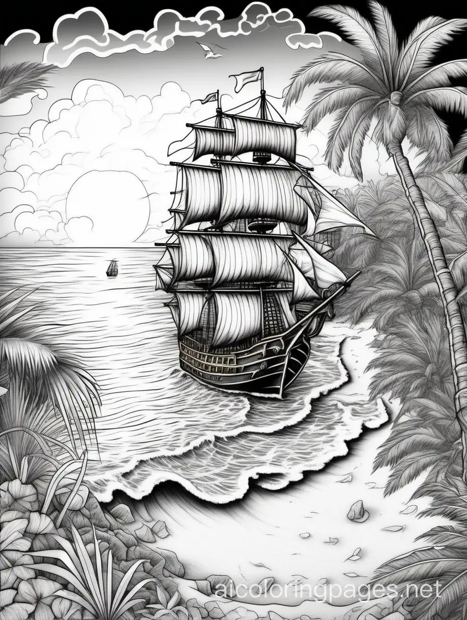 footprints along a tropical beach, pirate ship offshore, sunset, Old world masterpiece style, extremely detailed, colorful, flamboyant, colorful, fantasy, beautiful high detail, crisp quality, lull color, oil on canvass. The outlines of all the subjects are easy to distinguish. Colorful.
, Coloring Page, black and white, line art, white background, Simplicity, Ample White Space. The background of the coloring page is plain white to make it easy for young children to color within the lines. The outlines of all the subjects are easy to distinguish, making it simple for kids to color without too much difficulty