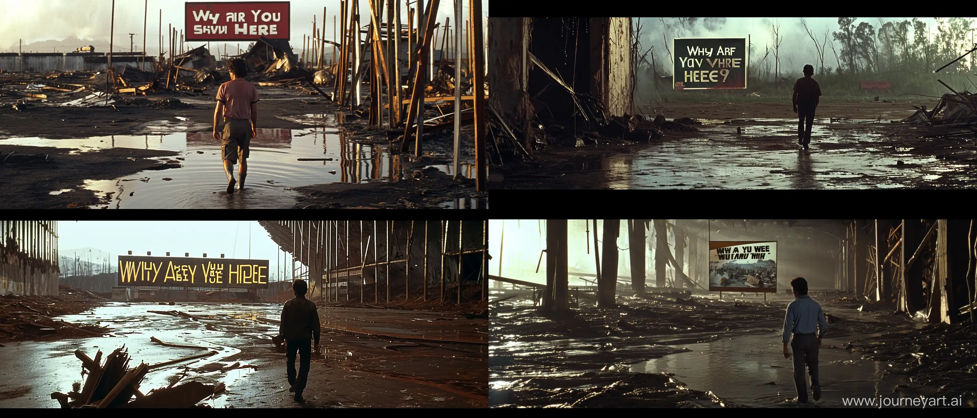 A scene from a 1976 science fiction film in which a man walks through a version of his homeland that is destroyed, wet and dirty, covered in endless toxic rain. The man is apparently worried about his family and devastated by the way the place looks now. Behind him, an eye-catching billboard reads "Why Are You Still Here?" --ar 21:9