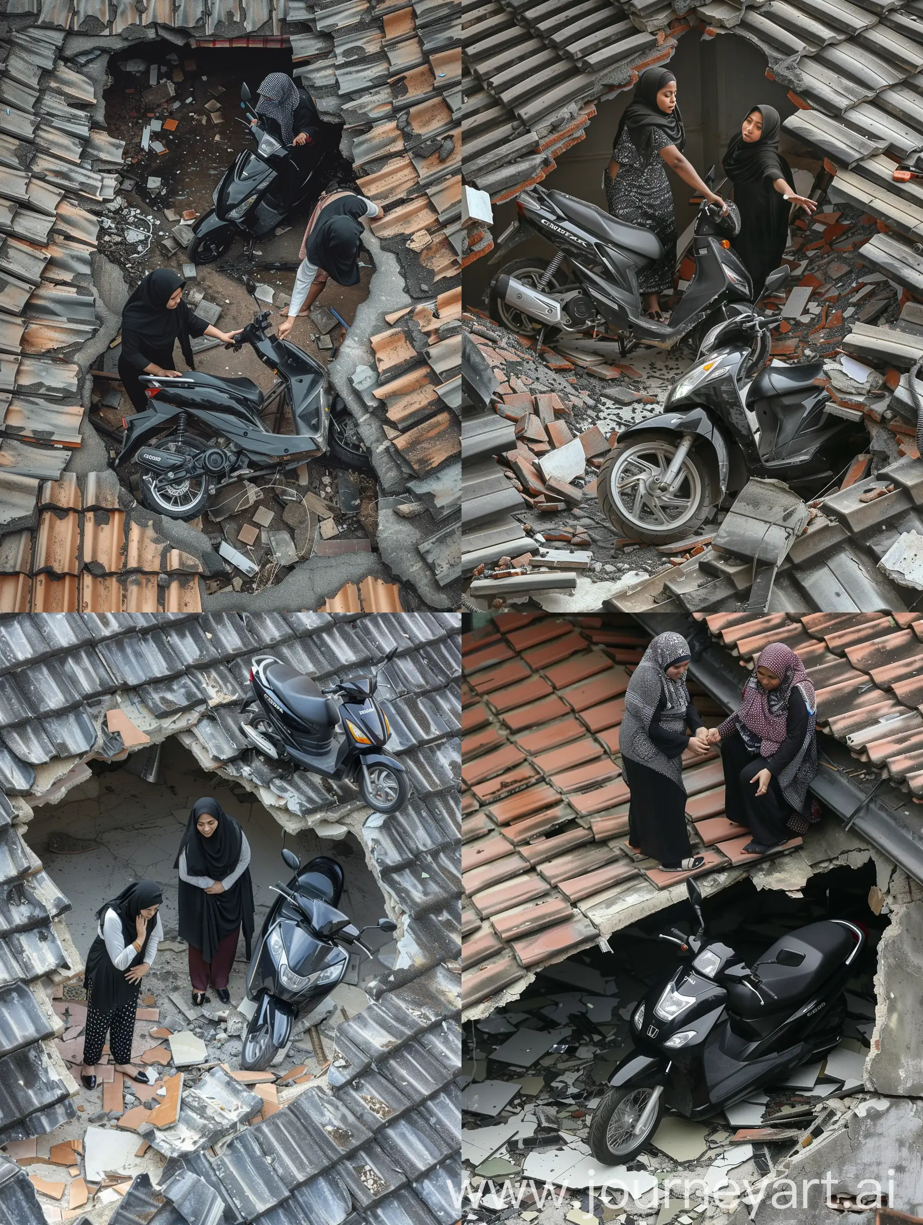 Women-Removing-Motorcycle-from-Damaged-Roof-in-Vivid-Scene