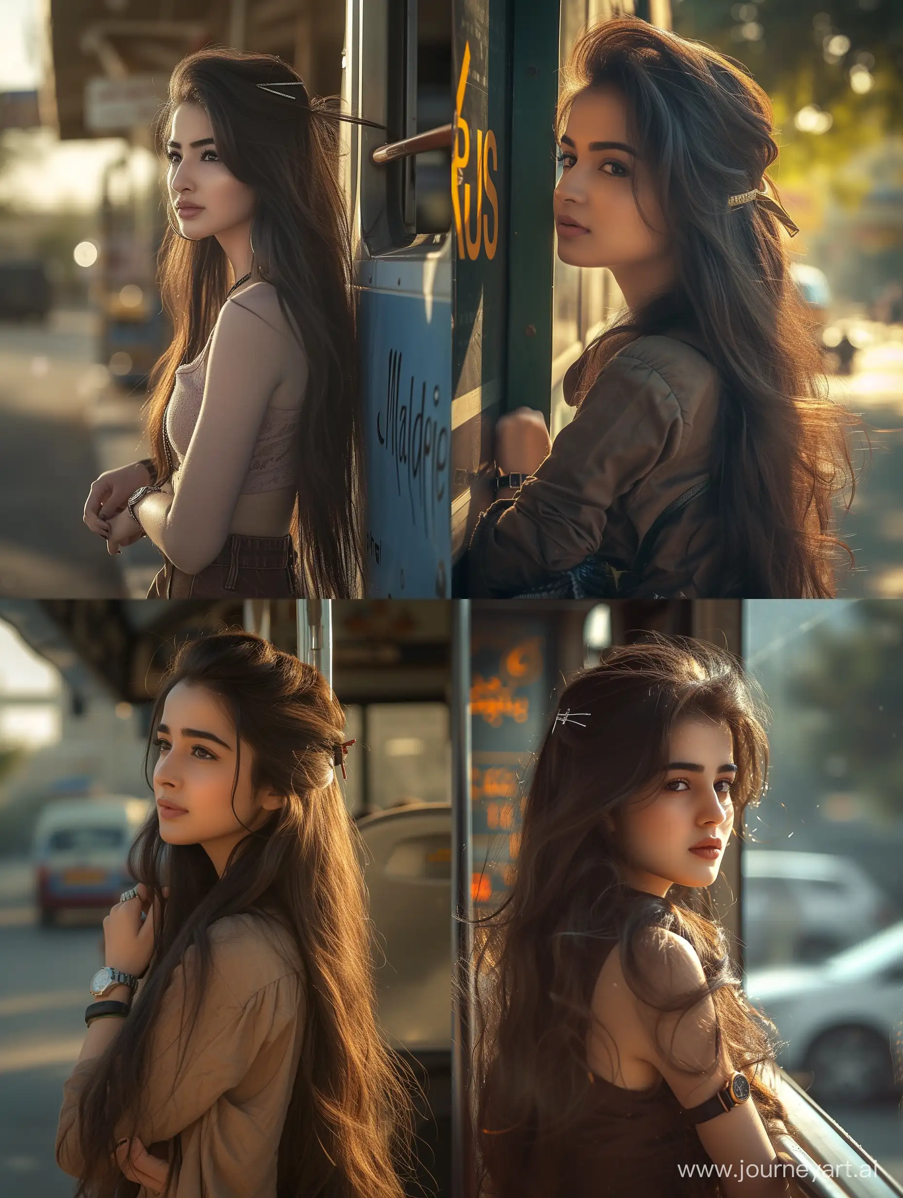 A profile pose photo of a beautiful girl, she's waiting for a bus, her name is "Mahdieh", has a watch and a breaclet, noon time, sunshin, a little smile on her face, long dark brown hair, pin hair, ultra high detailed photo,