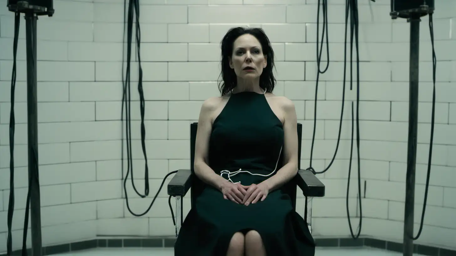 In a prison execution room [white tiles] a woman [40 years old, beautiful, a black cocktail dress, facing camera, biting her lip] sits in an electric chair [rigged up with wires]