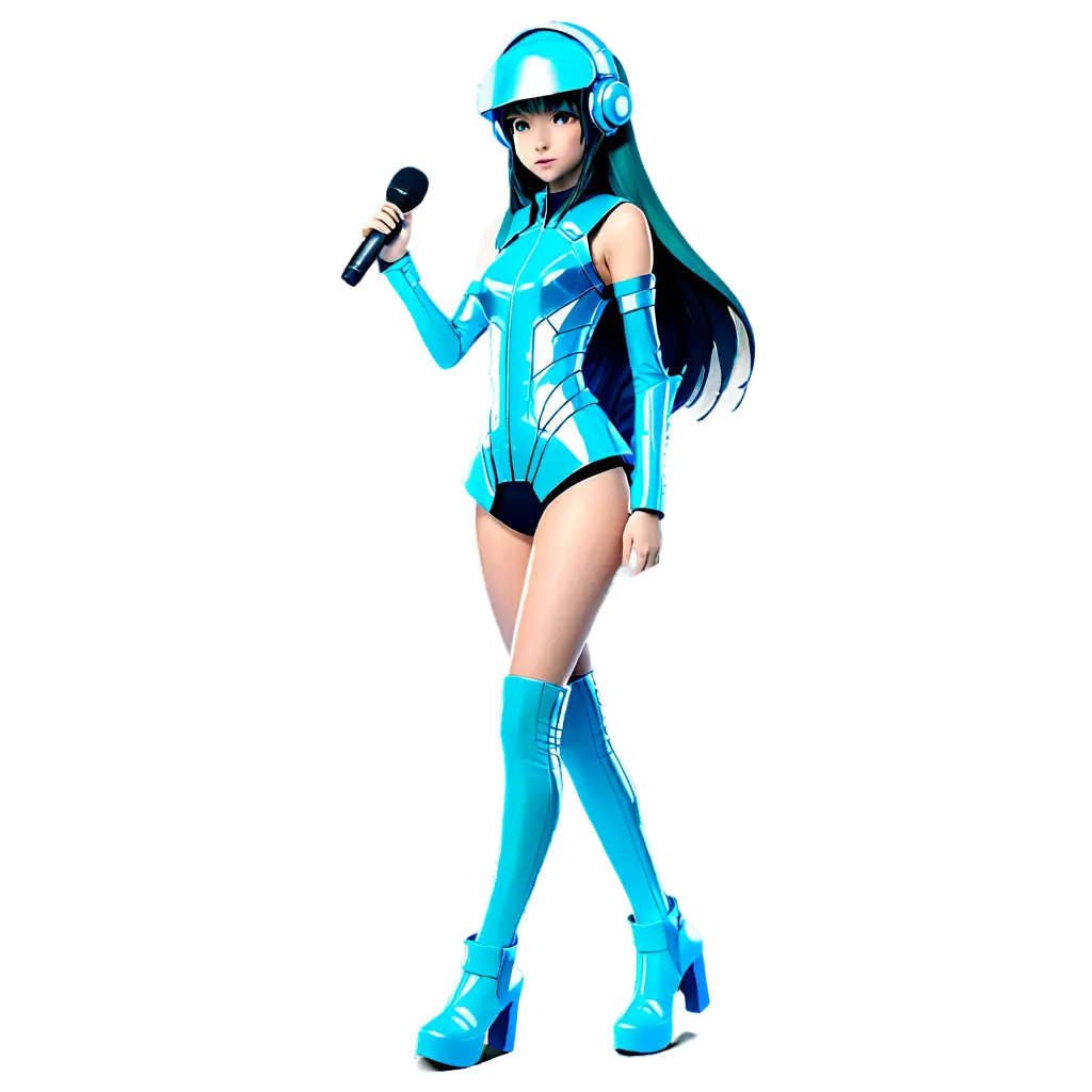 Hatsune Miku, the famous virtual singer from Japan's Vocaloid software, donning an outfit that pays homage to the iconic Daft Punk helmets. She wears a sleek, silver helmet adorned with a blue visor and a single blue light that illuminates her face. Her trademark long, black hair flows out from under the helmet, accentuating its futuristic design. The rest of her outfit consists of a shiny, metallic bodysuit that hugs her curves and extends to a mid-thigh length skirt, also in silver. The suit has intricate details, including blue accents around the shoulders, waist, and chest area, as well as blue lights embedded in the sleeves and skirt. Hatsune Miku's signature blue and green colored boots complete the look, with blue highlights on the toes and heels. She stands confidently in a dark room, illuminated only by the blue light emanating from her helmet and the reflections off her metallic suit, giving her an otherworldly glow. In her left hand, she holds a microphone, ready to perform her latest electronic dance music hit., waifu character portrait, art by Kazenoko, featured on pixiv, 1 girl, by Ilya Kuvshinov, Kantoku art, very detailed anime art by Redjuice