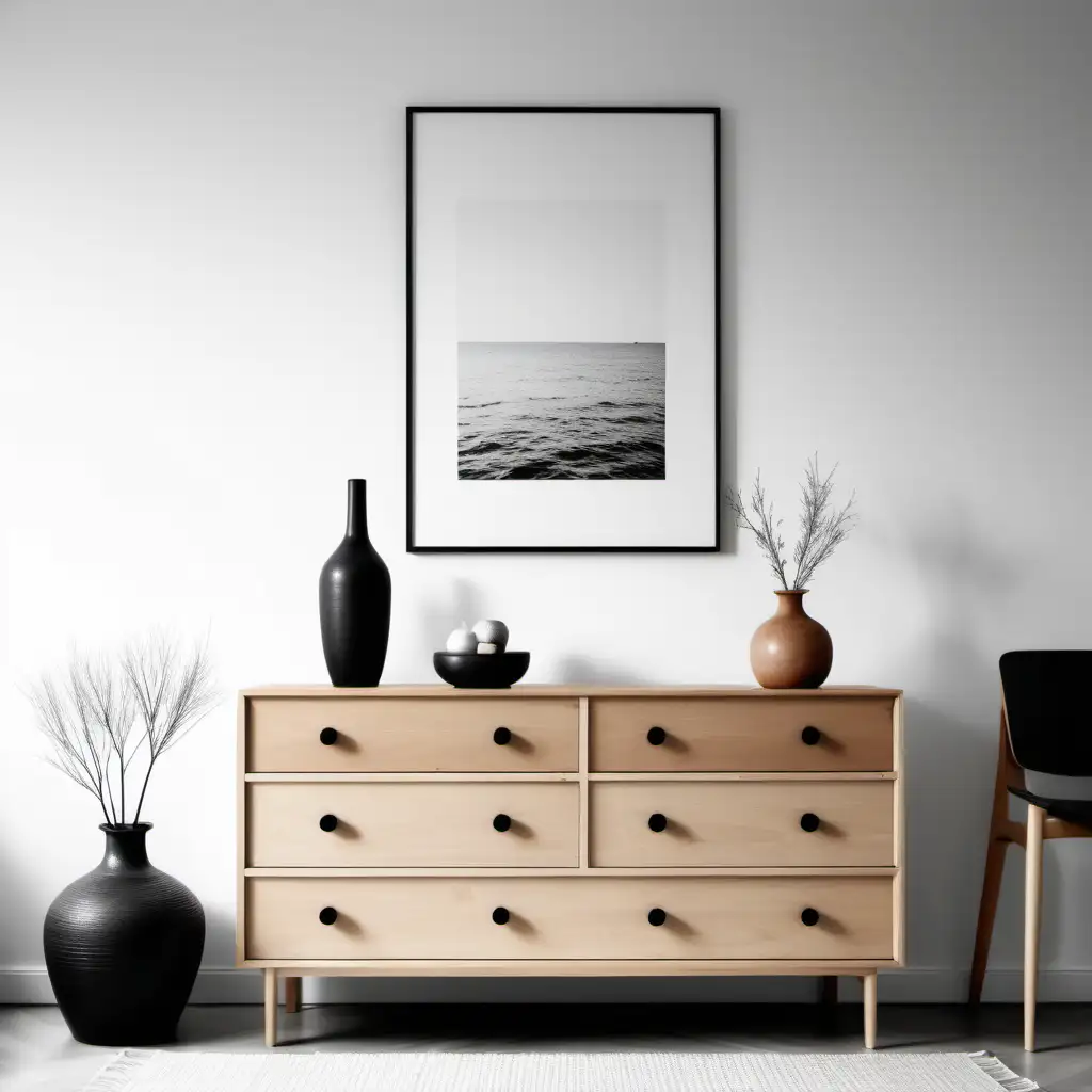 create a picture from the front with a wall and a chest of drawers in Scandinavian design. The wall must be white. The image is to be used as a background to sell posters.