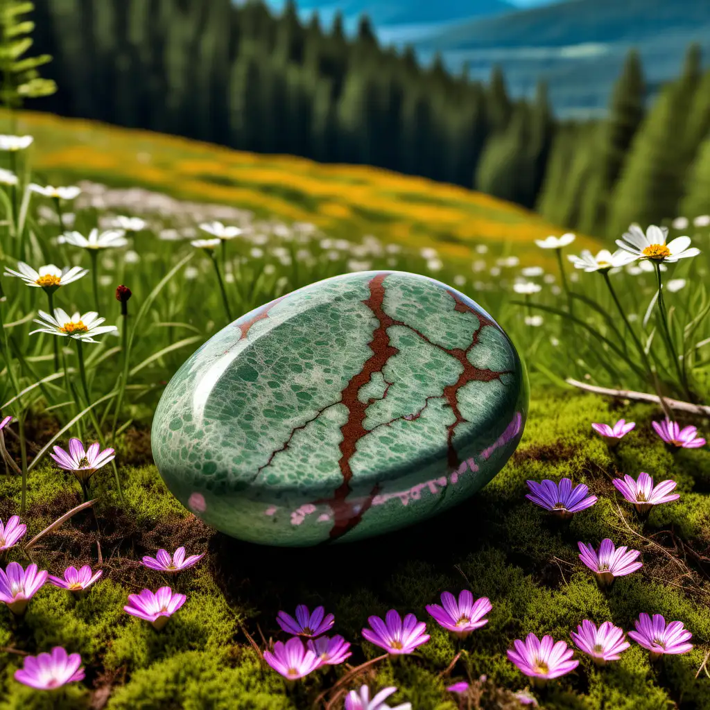 A forest green pebble with brown veining overlooks a forested landscape vista with brightly blooming, flowery meadows