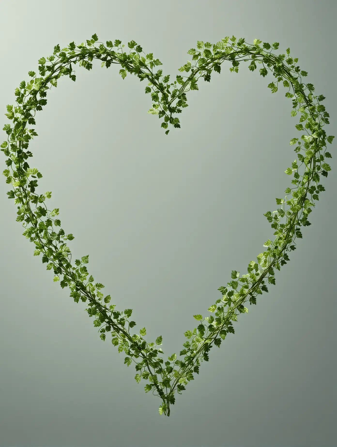a realistic 3D green vine in the shape of a heart outline, no frame. Leave a wide blank margin all around, no background or shadow