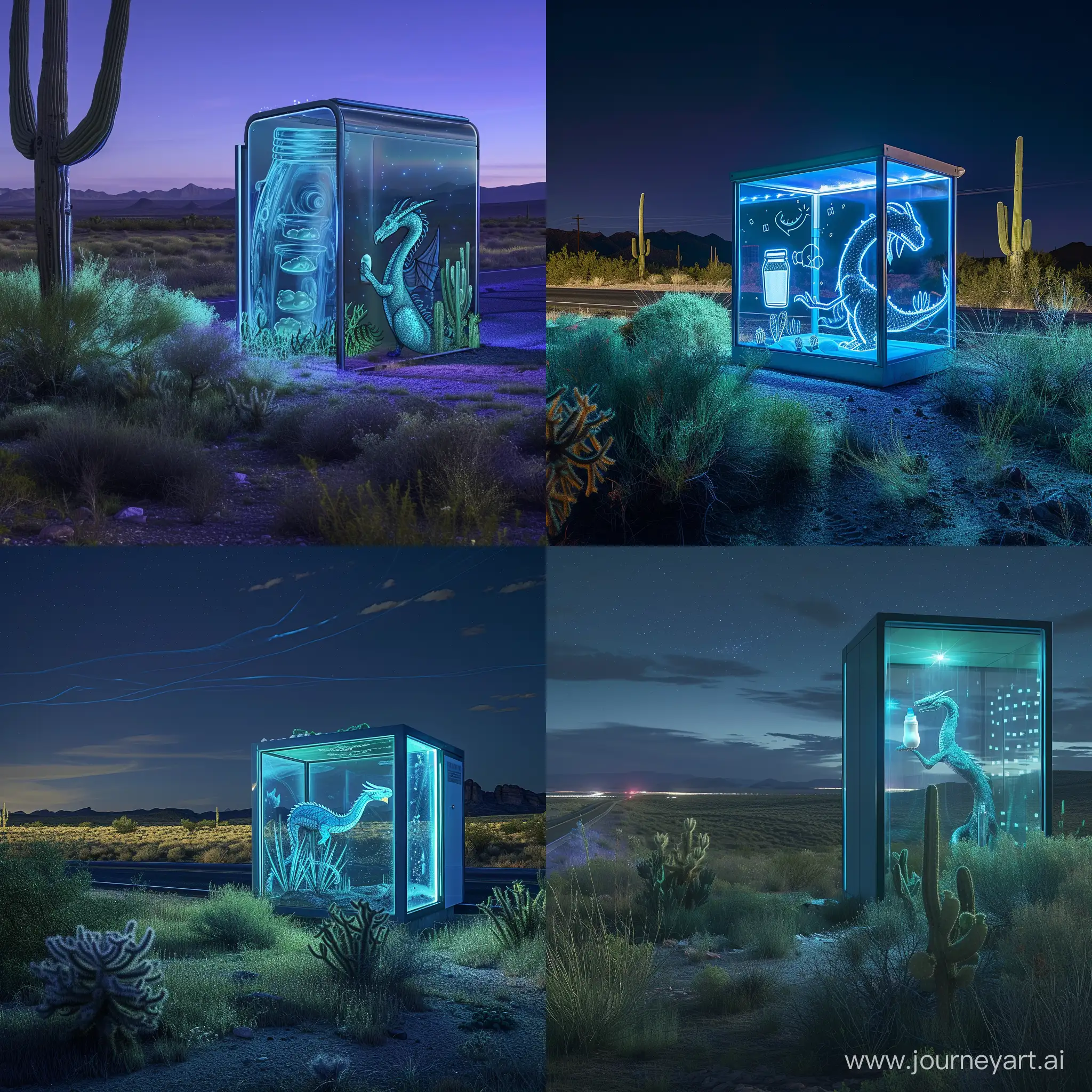 Nighttime-Desert-Kiosk-Illuminated-Glass-Structure-with-YogurtClutching-Dragon