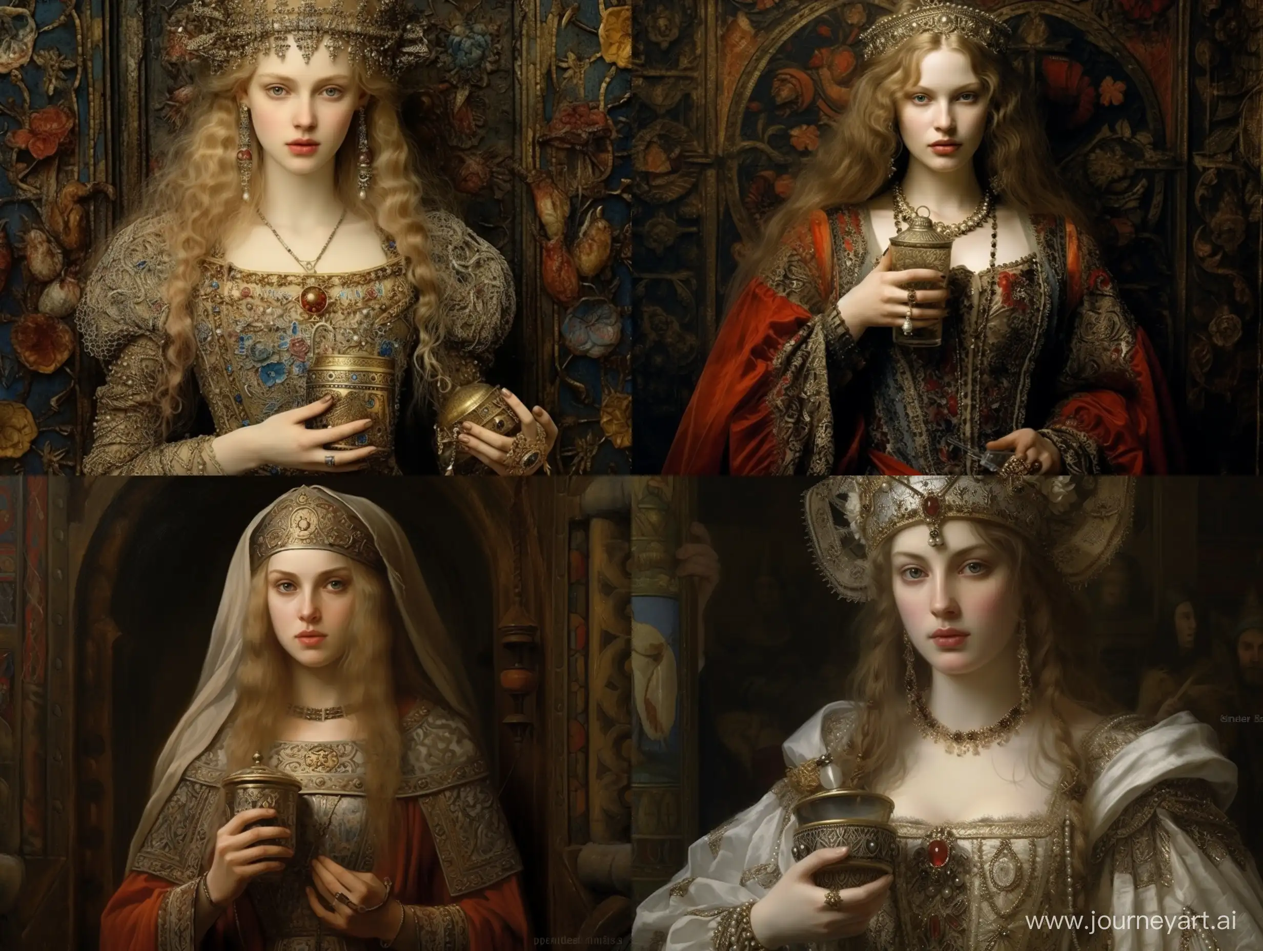 Женщина 14 век, красиво, детально, реалистично, одежда! Того времени, держит в руках парфюм