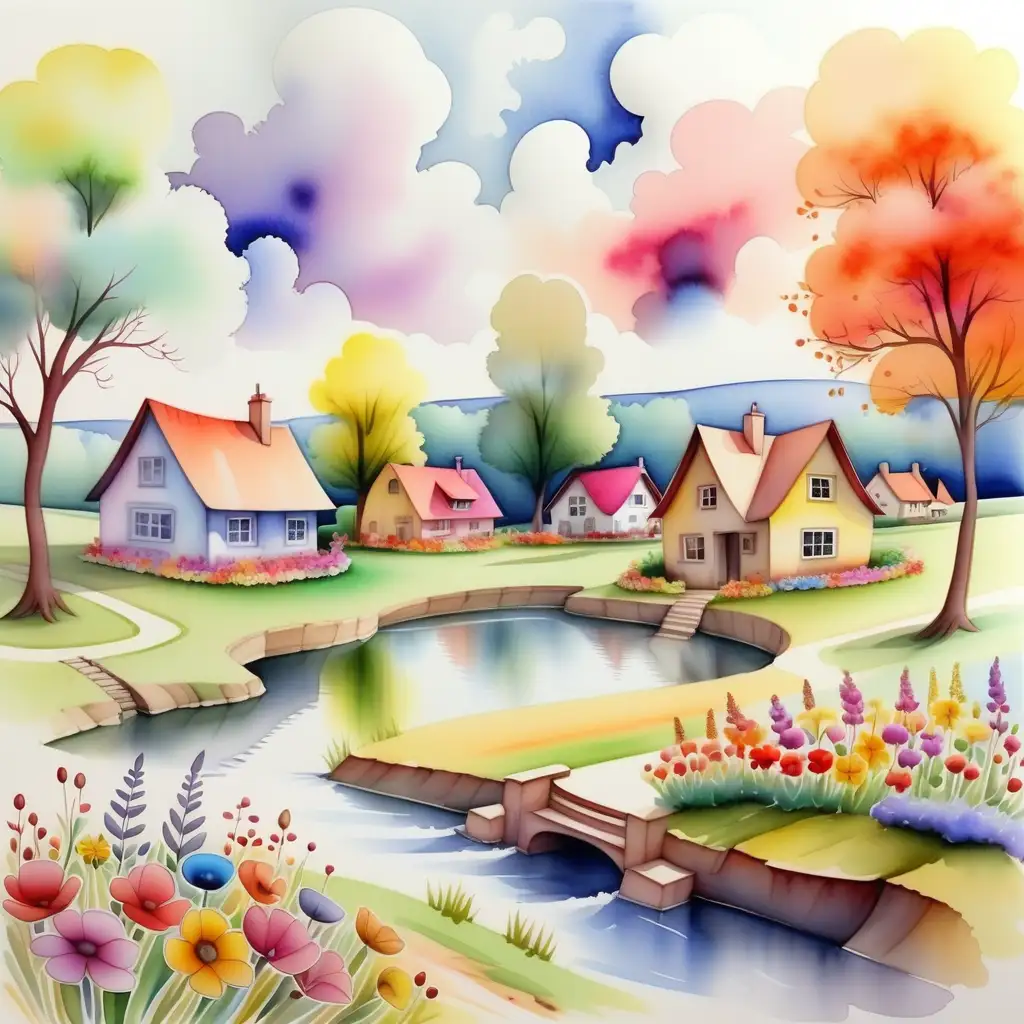 Vibrant Watercolor Dance in Meadow with Flowers Trees Clouds and Colorful Cottages