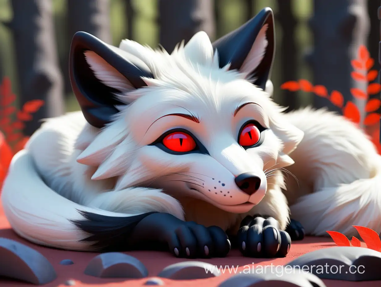 Mystical-Slumber-White-Fox-with-Black-Paws-and-Red-Eyes