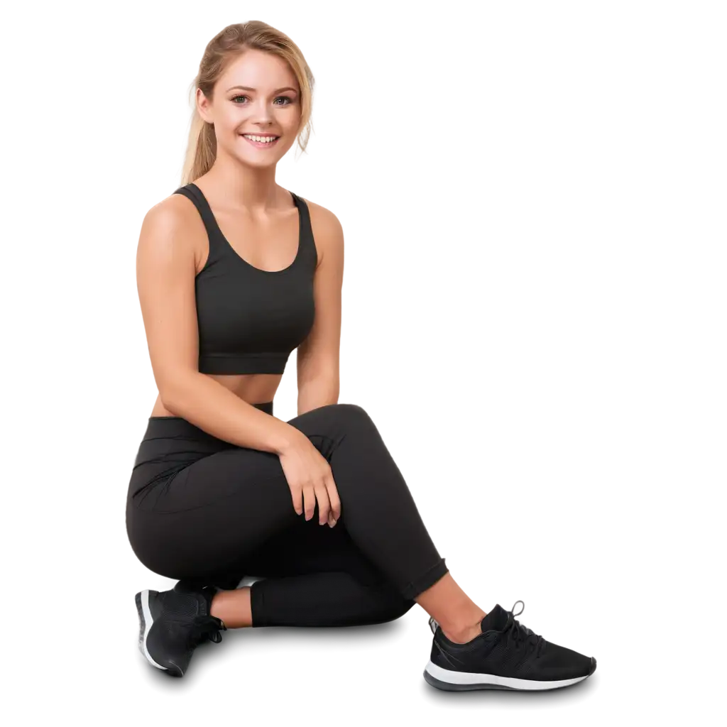 Healthy blonde girl smiling wearing workout clothes sitting in gym