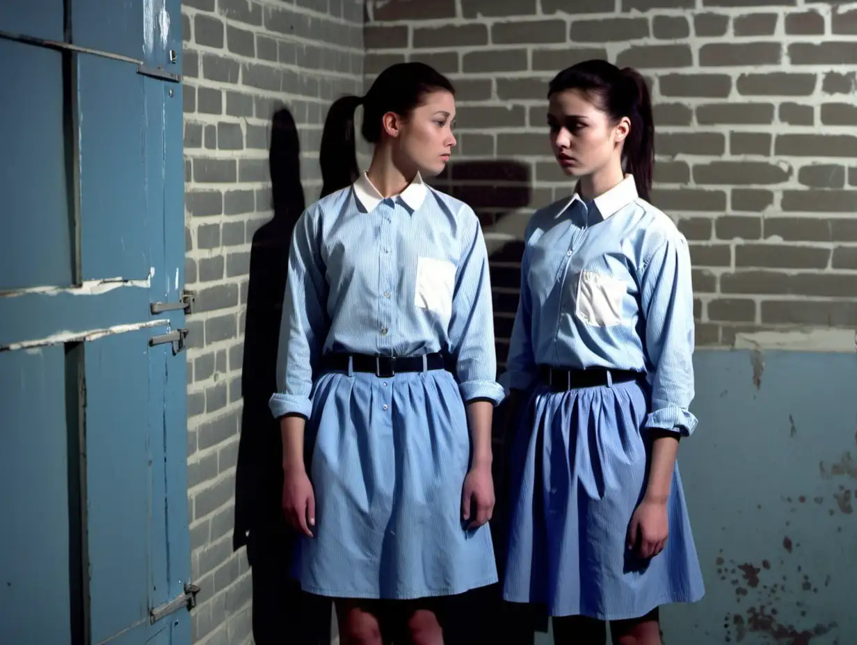 Two prisoner women (22 years old, same dress) stand Line up along a wall in a prisoncell (brick walls, small barred window) in paleblue longsleeve buttoned (white club collar) shirt and paleblue midi skirt (brunette low pony hair, sad) (a printed "4396" number label on shirt chest pocket