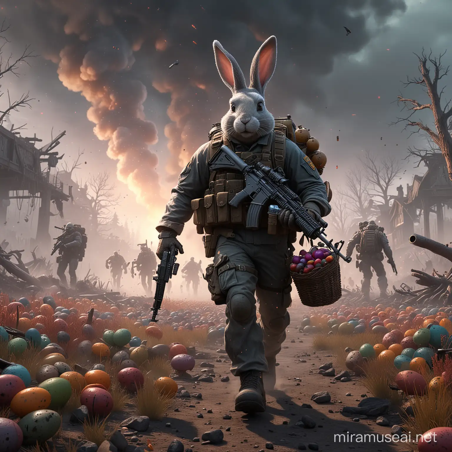 Apocalyptic Easter Bunny Basket of Hand Grenades and Machine Gun in Brandt Peters Style