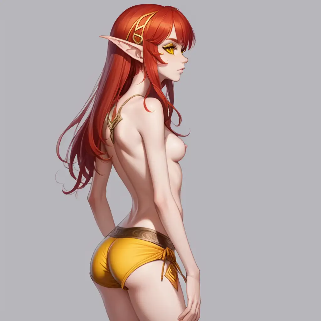 Half elf, red hair covering left side of face, Yellow eyes, short height, medium sized chest, long legs, full body, Booty shorts, crop top