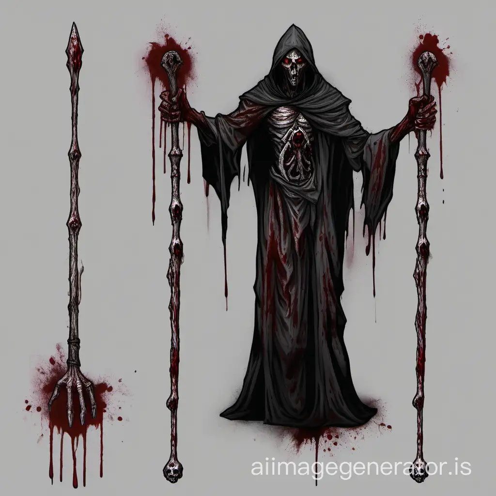 fantasy evil necromancy mage  two hand staff bloody hands