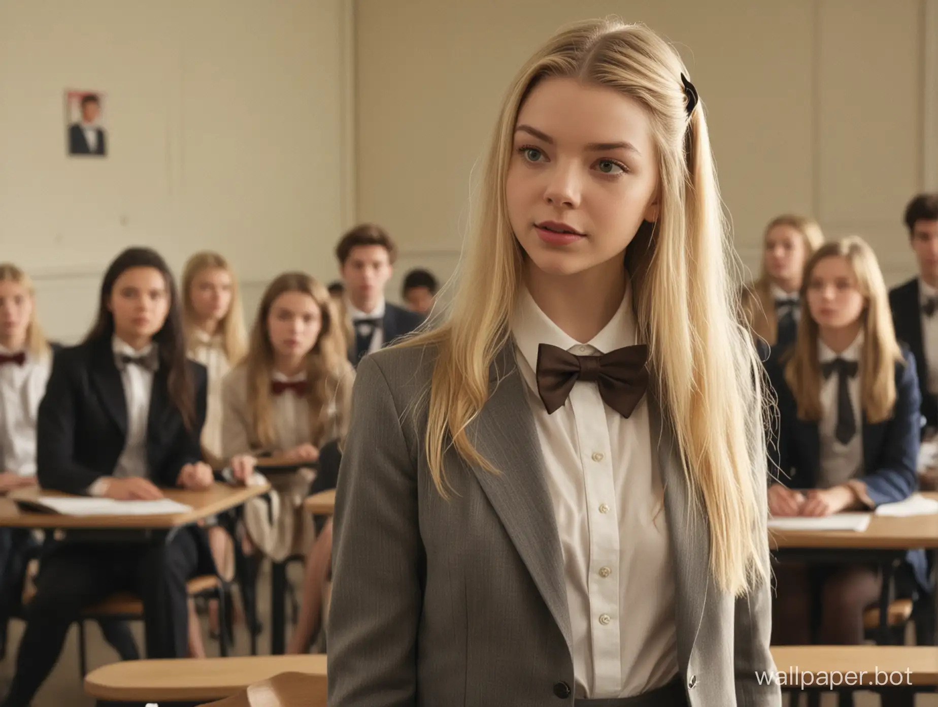 Naked Anya Taylor Joy with long tidy blonde hair and bowtie as a student in a class, other wear suit