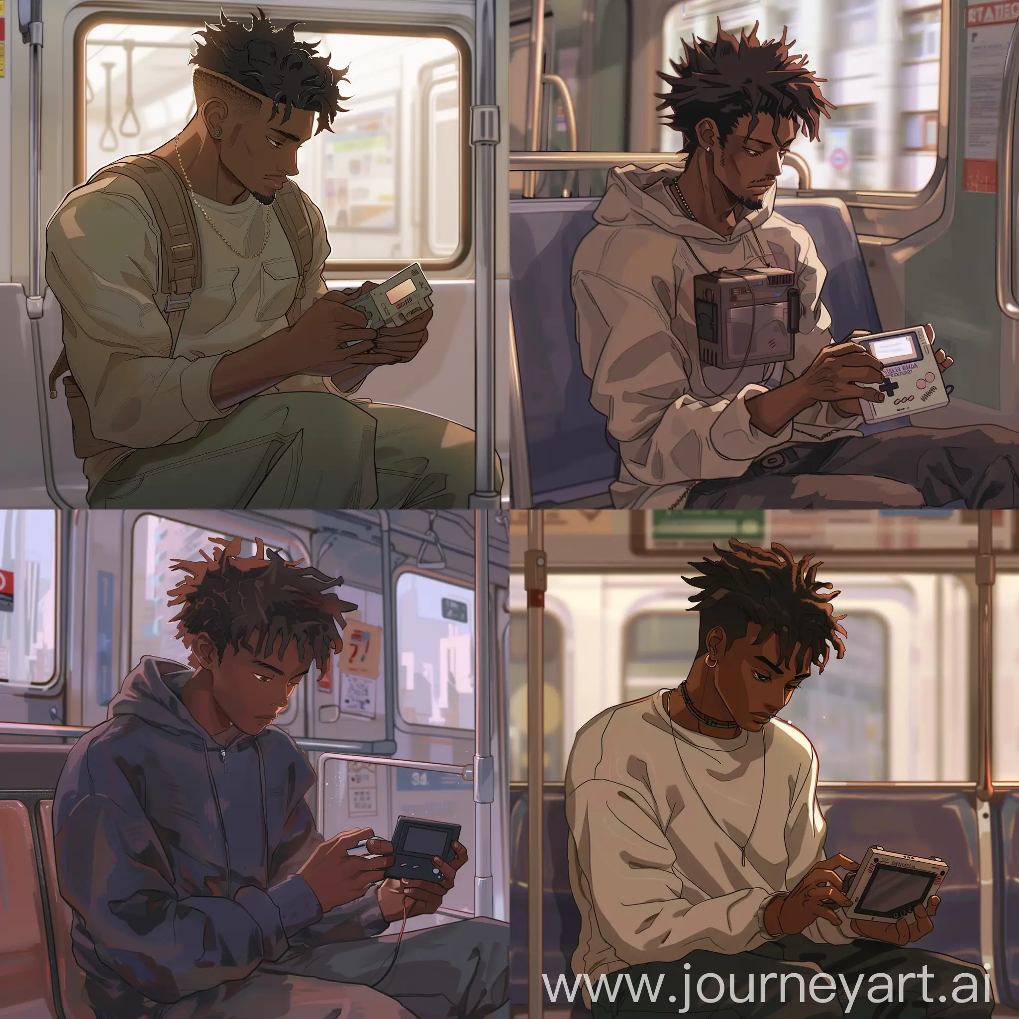 Anime-Style-Black-Man-Playing-Gameboy-on-Train