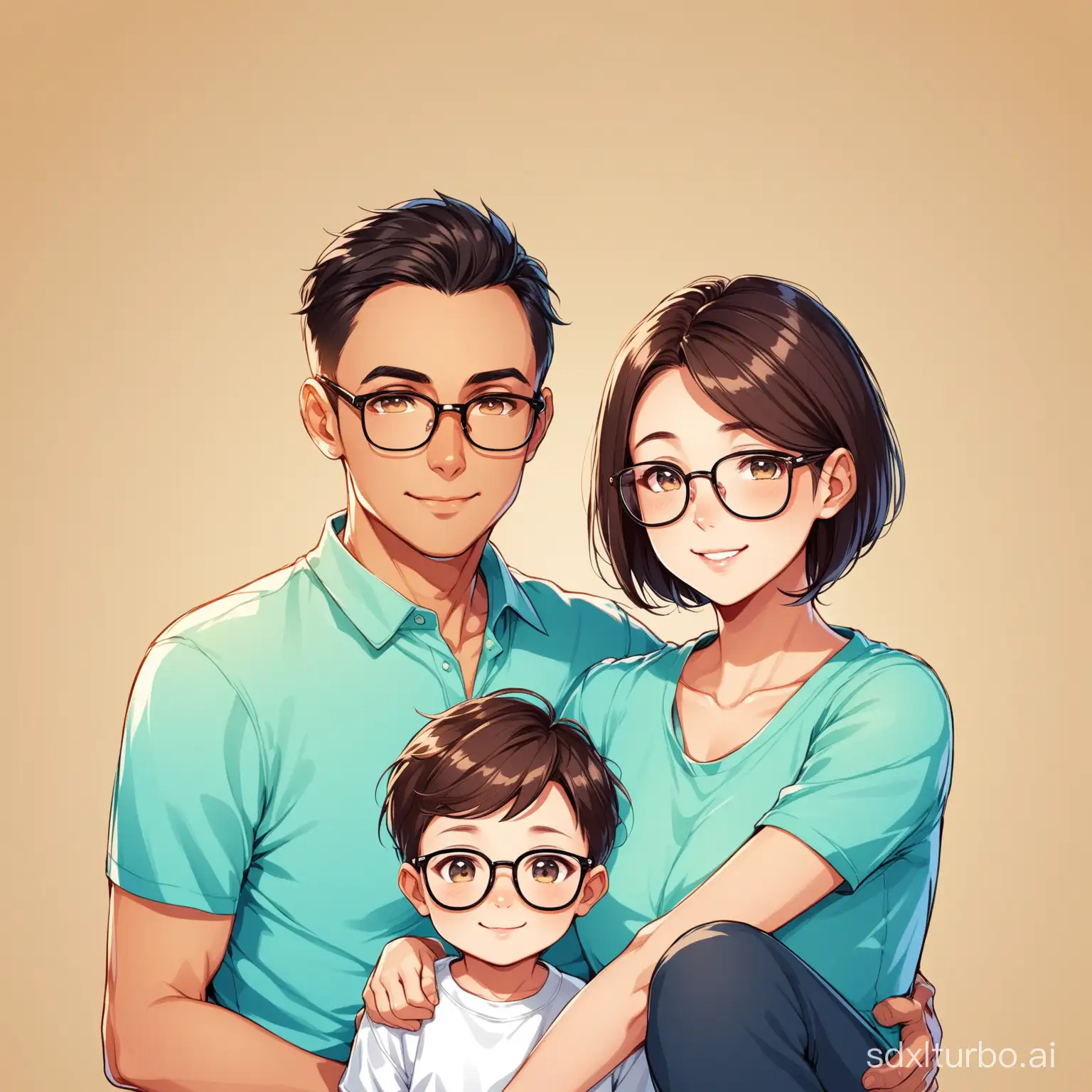 Little boy, dad with glasses, mom with short hair, family of three avatar