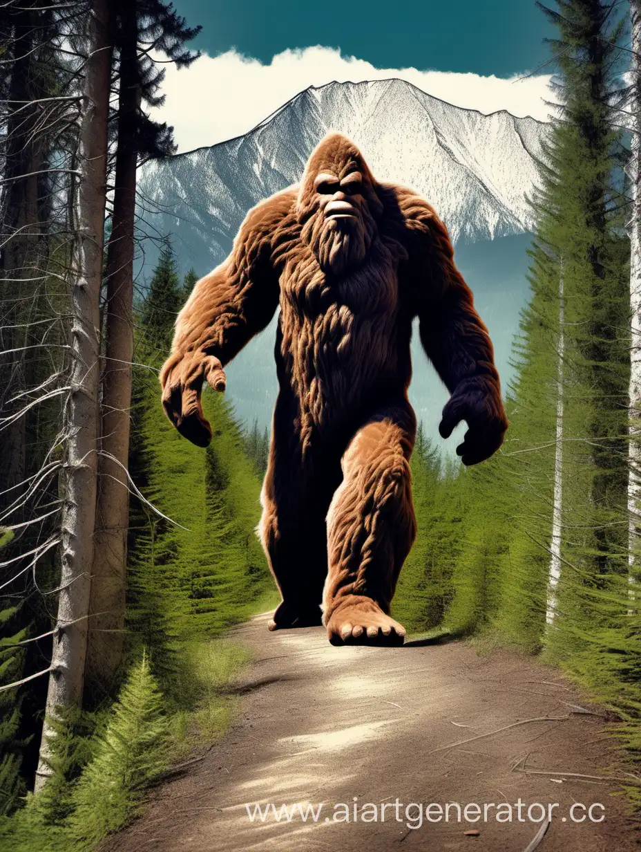 giant furry brown bigfoot,  in forest, leaving tracks on trail behind him,  mountains in background, color photo