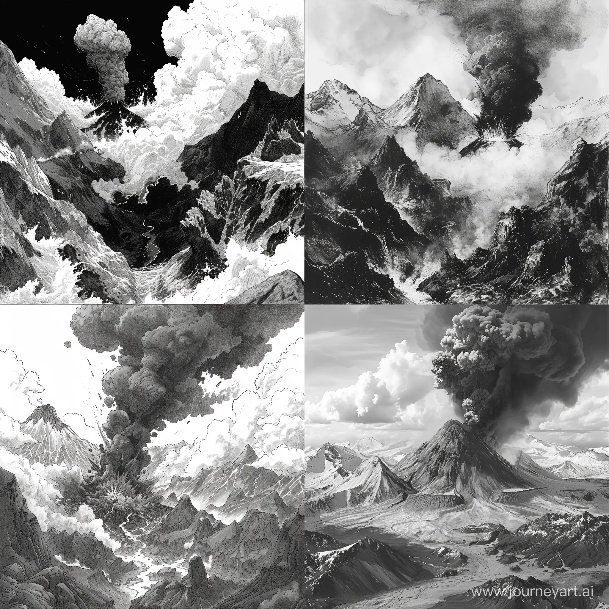sketch for the book a volcano in a mountain range erupts, smoke rises from the crater, black and white